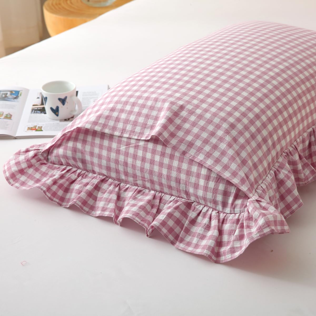 Silnuo Green/White Plaid Ruffled Queen Size Pillow Shams Set of 2,Washed Cotton Shabby Checkered Gingham Farmhouse Bed Pillow Covers 20"x30"