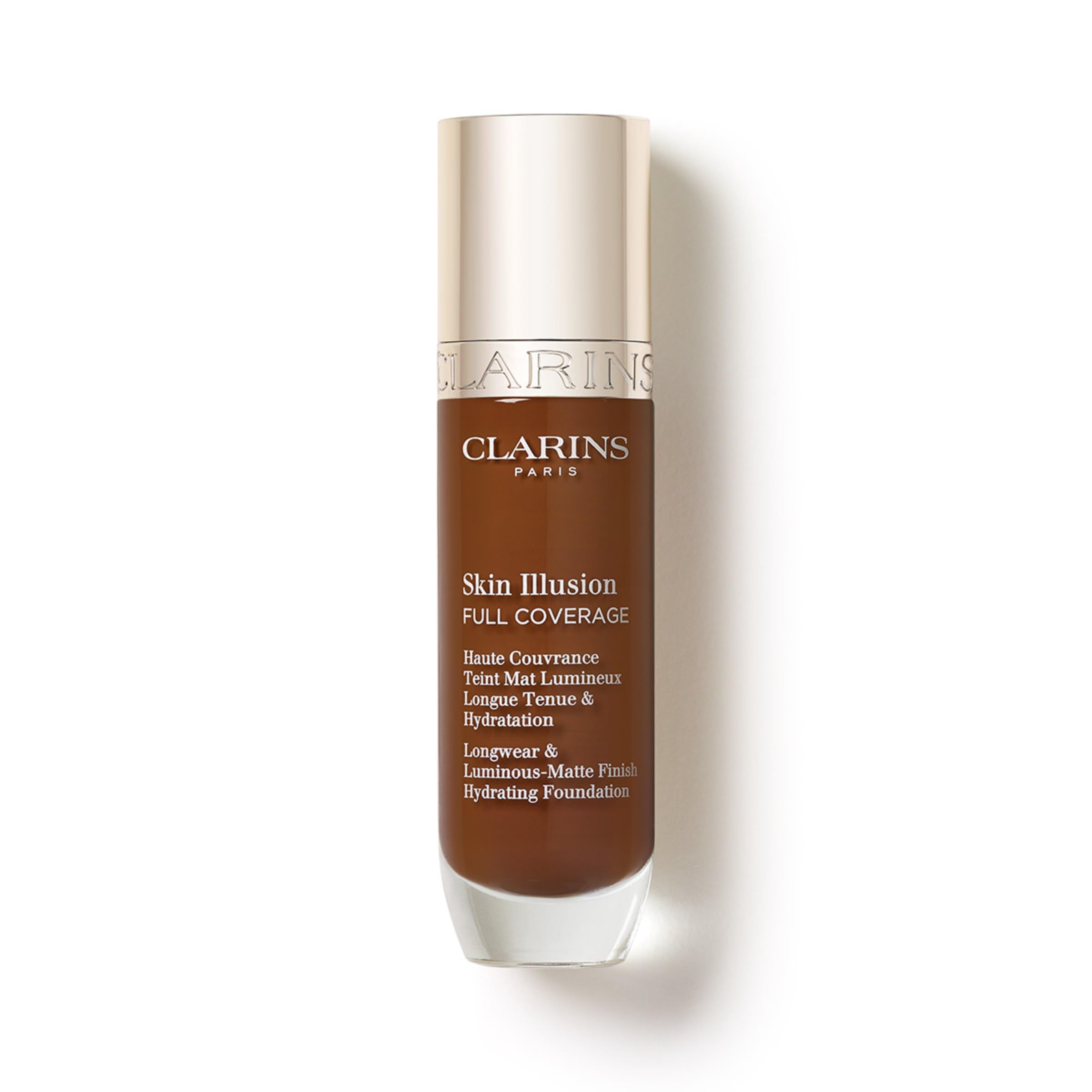 Clarins Skin Illusion Longwear Full Coverage Foundation|Luminous Matte Finish|24H Hold and 24H Hydration|Natural Looking|Transfer, Sweat and Smudge Proof| Contains Hyaluronic Acid|1 Fl Oz