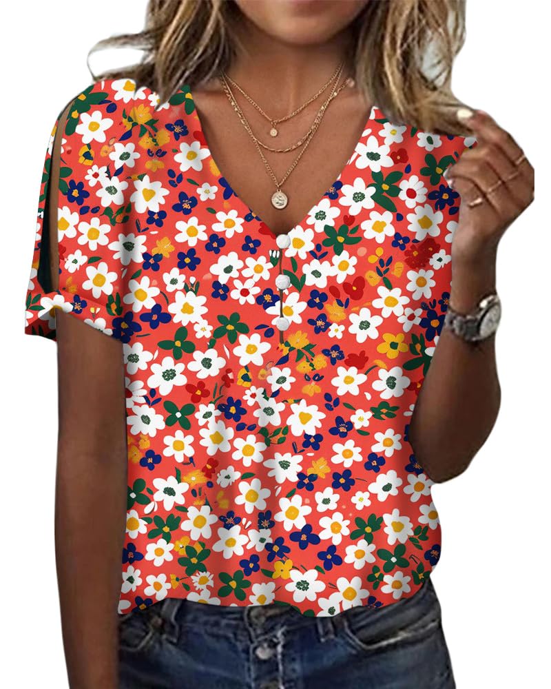 HOTYD Women's Boho Floral Print Ladies Short Sleeve Tops Summer Blouses Dressy Casual V Neck Cold Shoulder Tunic Tops