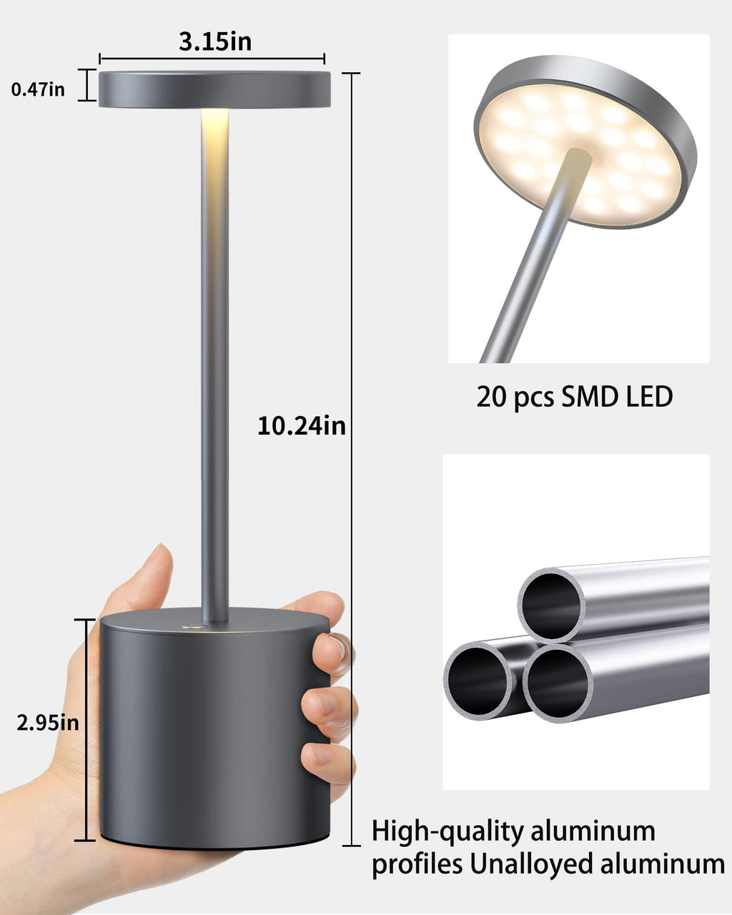 2Pack Cordless Table Lamp, Rechargeable LED Battery 5000mAh Metal USB Portable Powered Desk Lamp, 3 Levels Brightness Light for Restaurants Outdoor (2pack 10.25in Titanium)