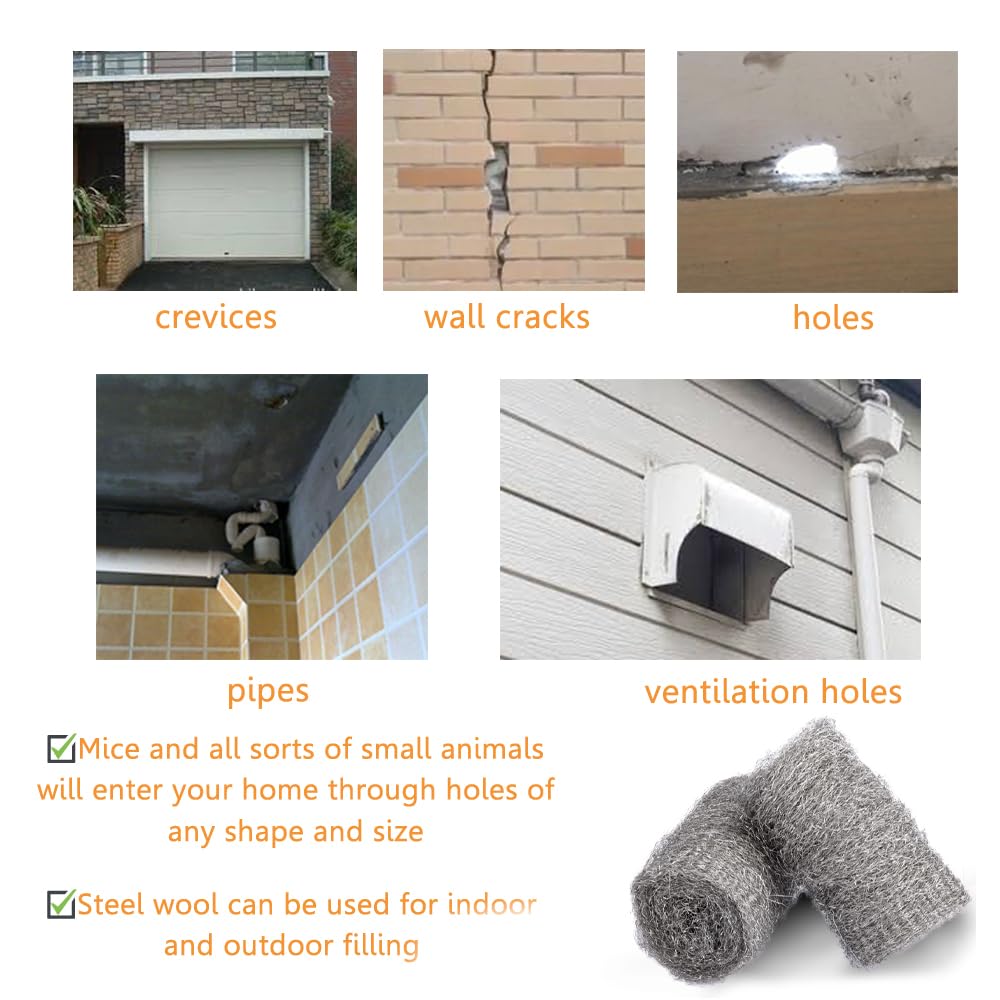 Steel Wool Mice Control, 2 Pack 3" x10 Ft Hole Filler, Gap Blocker, Barrier, Protect Against Animals in Holes, Siding, Pipeline, Vents for Garden, House, Garage