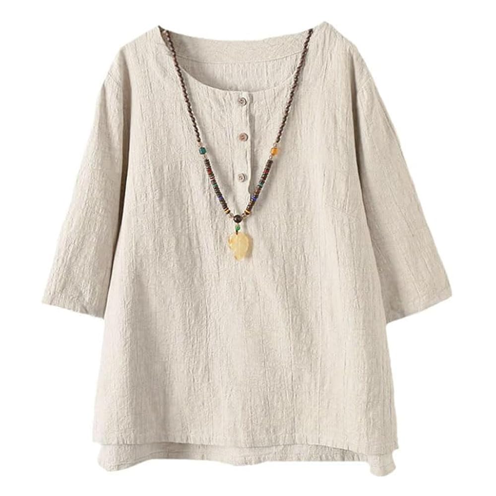 Minibee Women's 3/4 Sleeve Cotton Linen Jacquard Blouses Top T-Shirt