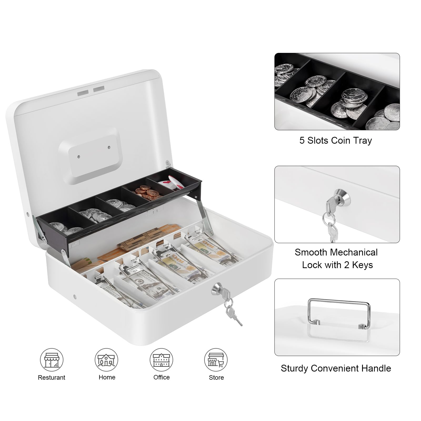 Cash Box with Money Tray and Key Lock, Saving Lock Box with Money Tray Storage for Cash Register 11.8"x9.45"x3.54" Black XL Large