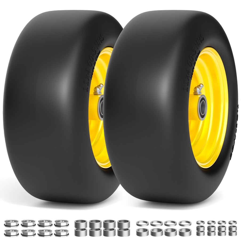RONPOW 11x4.00-5 Lawn Mower Tires Flat Free and Wheel, 11x4-5 Solid Front Tires for Zero Turn Mower, 350Lbs Load, 3/4", 5/8" and 1/2" Bearings, 3.4"-5.8" Hub for Residential Commercial, 2Pack Gray
