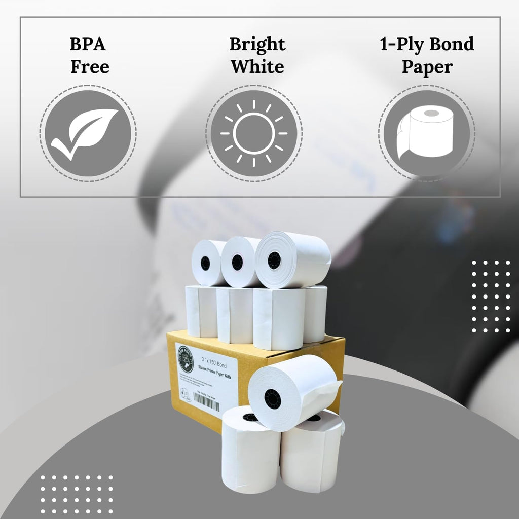 BAM POS 3" x 150' 1ply Bond (Non-Thermal) Receipt Paper Rolls for Kitchen Impact Printers TMU200, SRP275 Star SP700 - Suitable For Printing Kitchen Tickets and Order receipts (12 Rolls Per Case)
