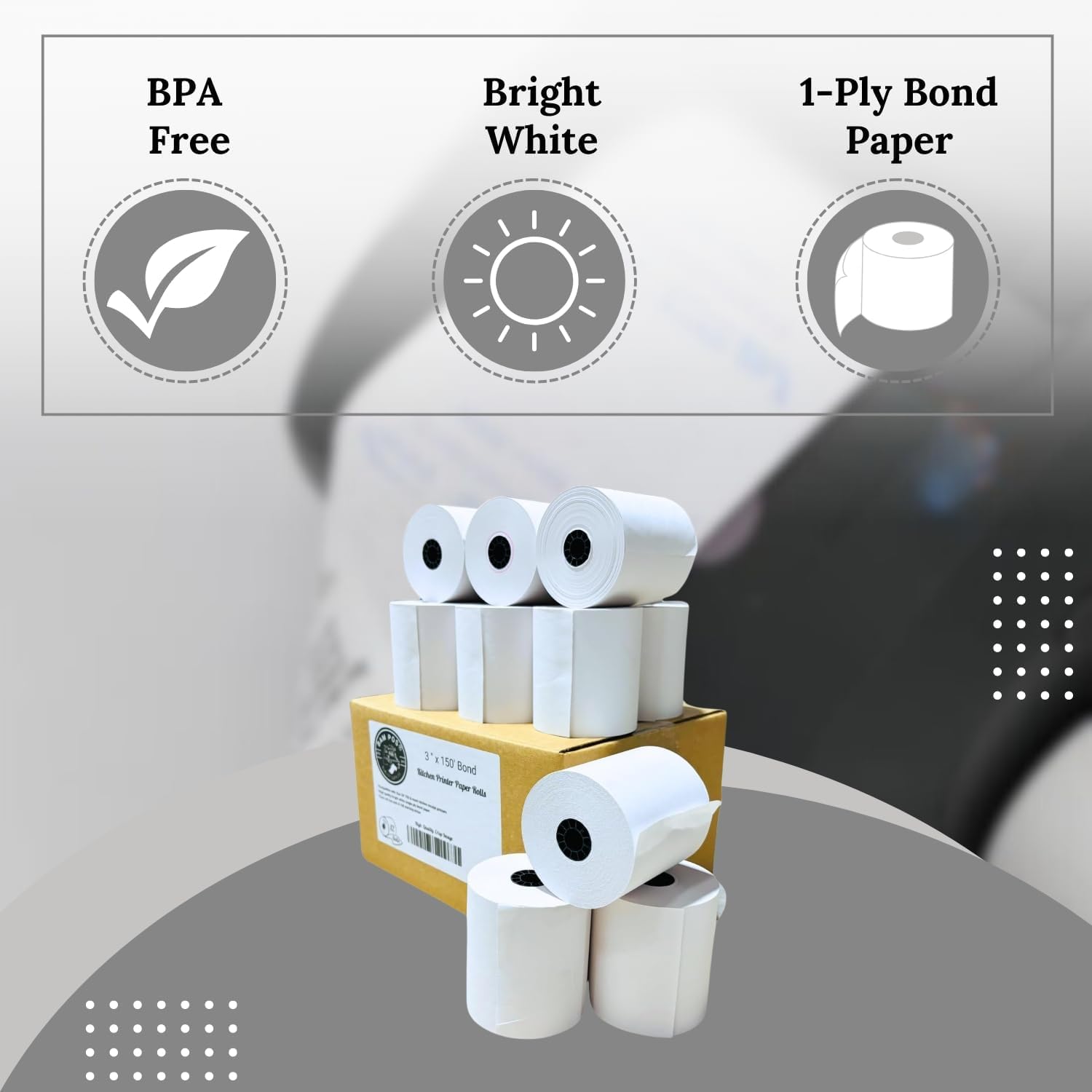 BAM POS 3" x 150' 1ply Bond (Non-Thermal) Receipt Paper Rolls for Kitchen Impact Printers TMU200, SRP275 Star SP700 - Suitable For Printing Kitchen Tickets and Order receipts (12 Rolls Per Case)