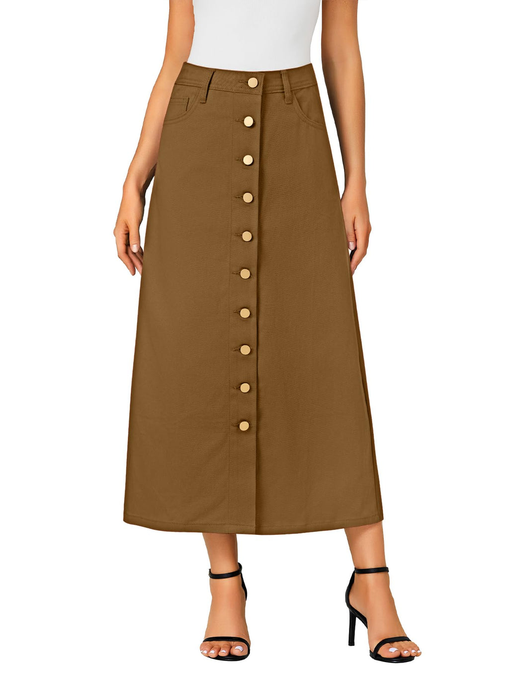 Vrtige Women's Casual Button Down High Waisted A Line Jean Midi Long Denim Skirt with Pockets