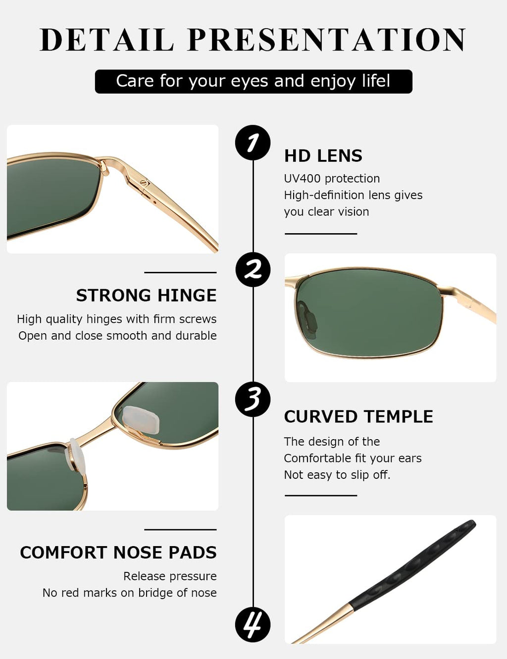 AEVOGUE Polarized Sunglasses For Men Rectangle Metal Frame Retro Sun Glasses AE0395