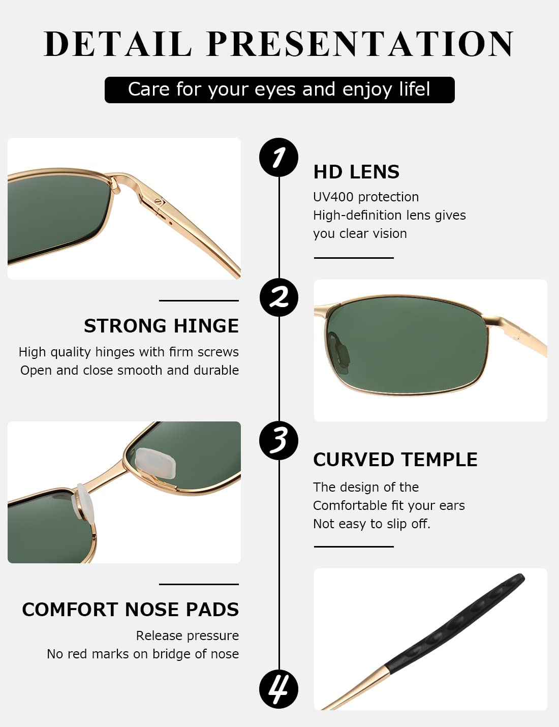 AEVOGUE Polarized Sunglasses For Men Rectangle Metal Frame Retro Sun Glasses AE0395