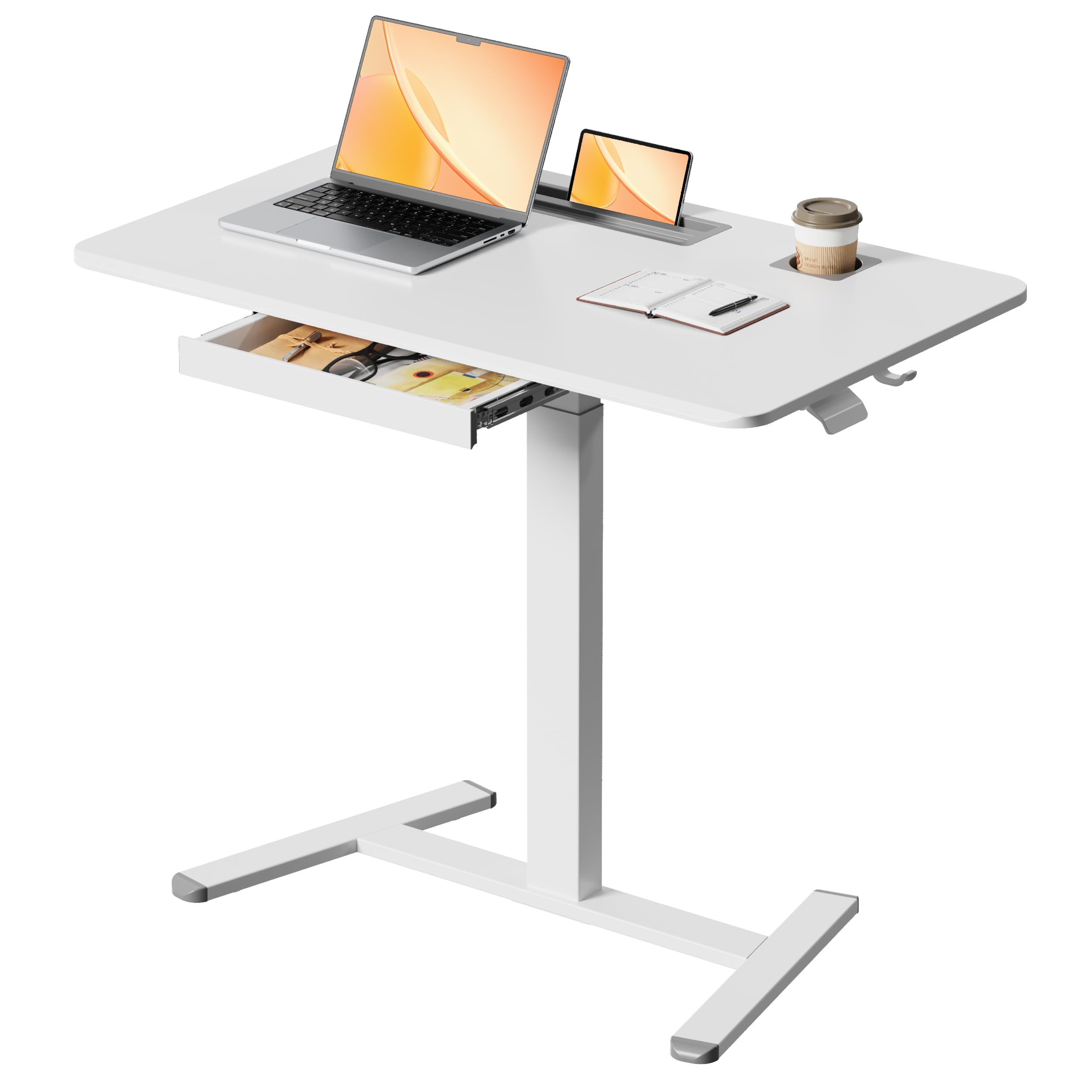 Small Mobile Standing Desk with Drawer, 23.6"x19.7" Rolling Laptop Cart on Wheels, Height Adjustable Sit Stand Computer Workstation with Storage for Compact Space, Black