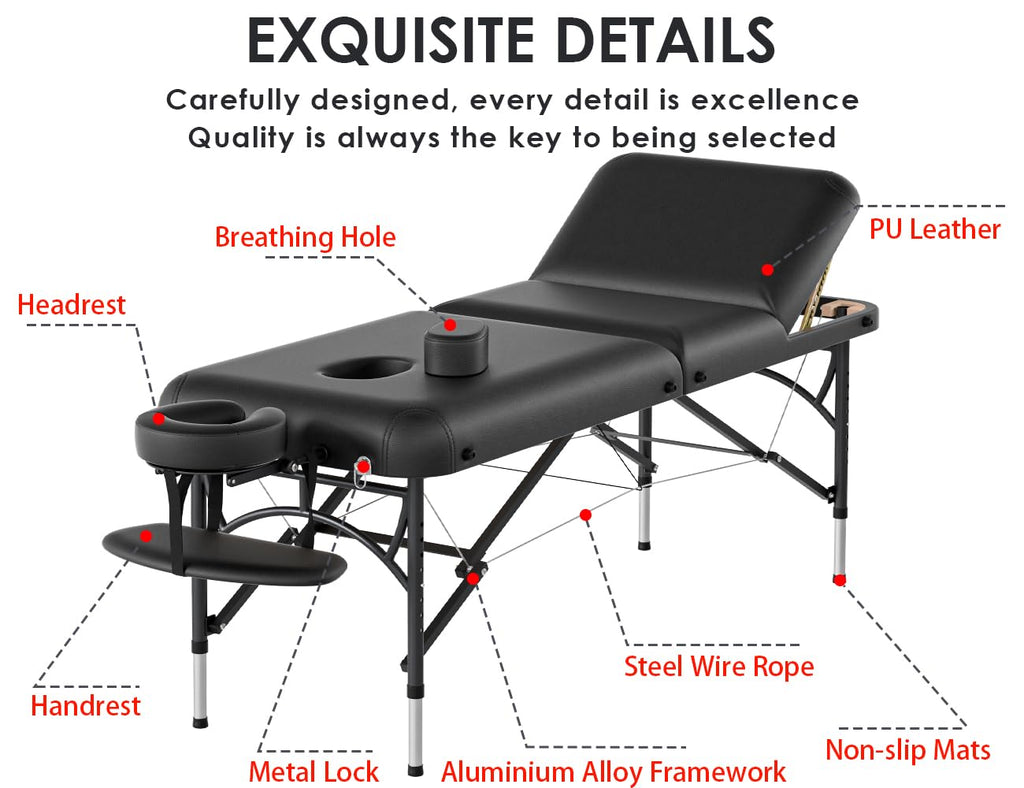 CLORIS 84" Professional Massage Table Portable Reinforced Wooden Leg 2 Folding Lightweight Spa Salon Tattoo Massage Bed Height Adjustable Hold Up to 1100LBS with Carrying Bag Black