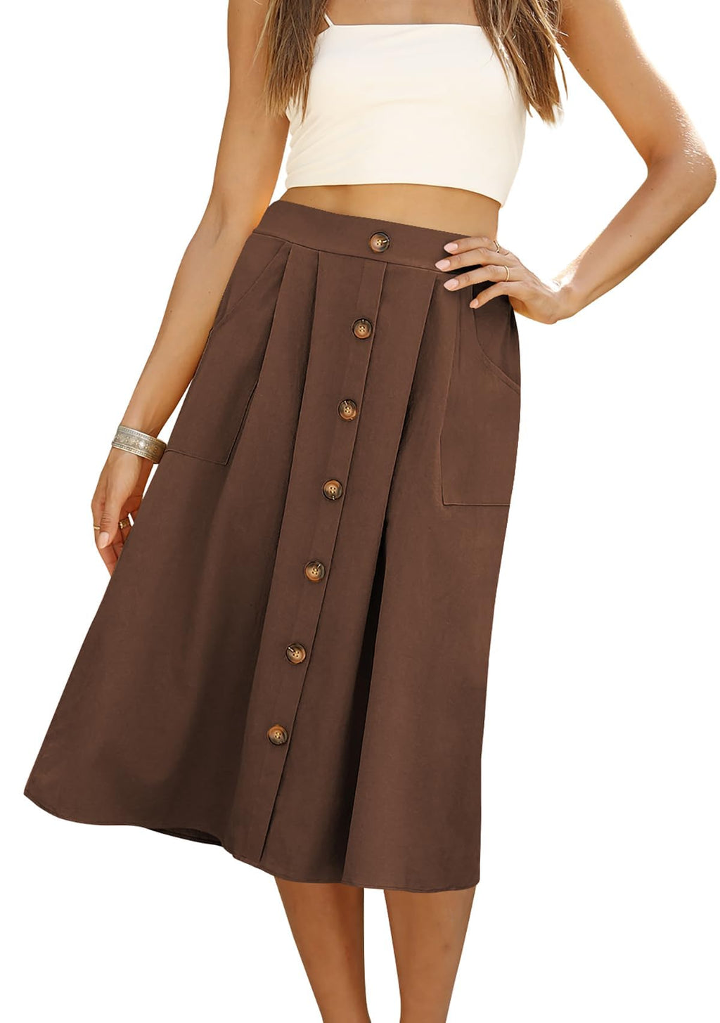 Naggoo Womens Summer Skirts Casual Front Button A-Line High Waisted Midi Skirt with Pockets