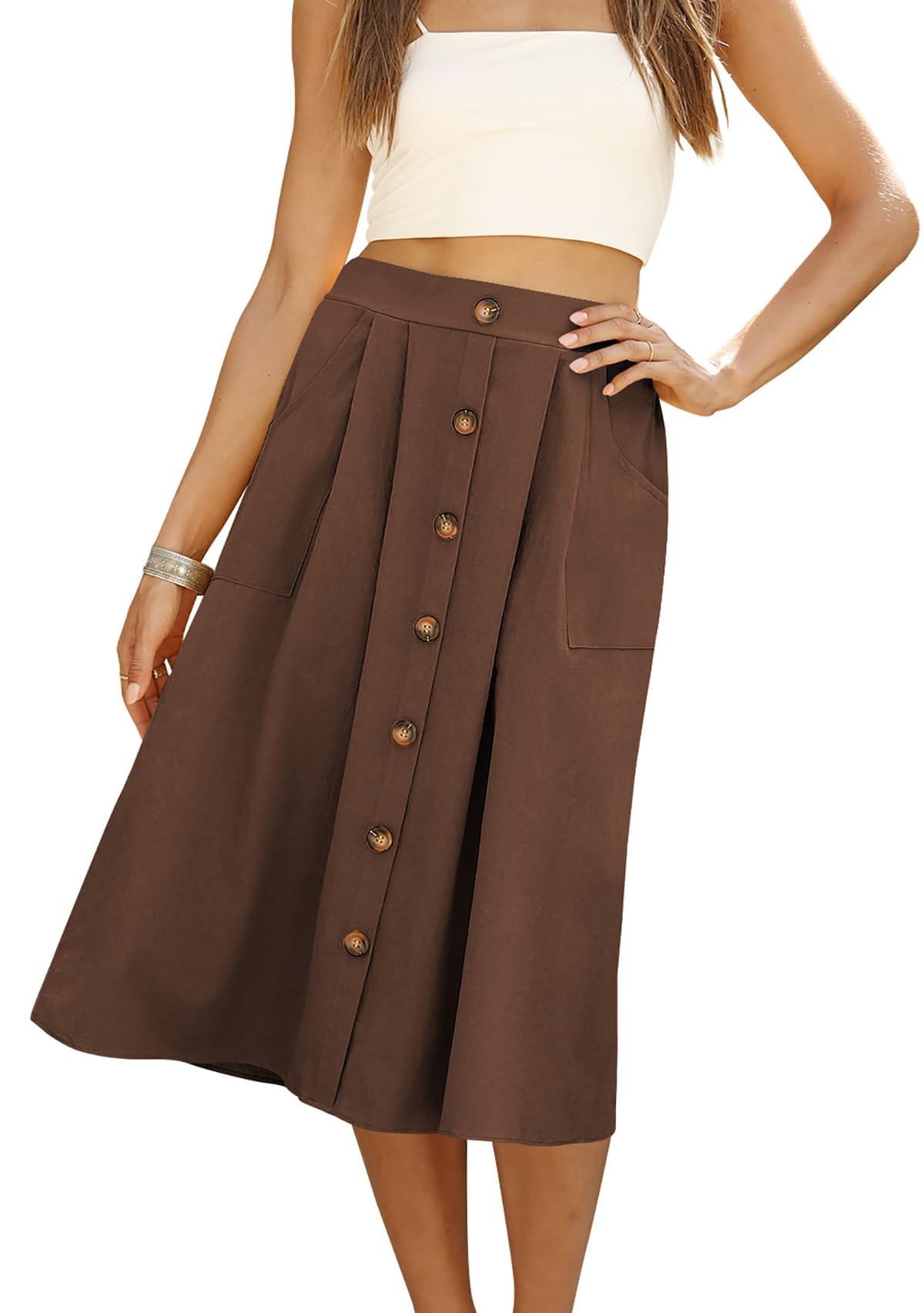 Naggoo Womens Summer Skirts Casual Front Button A-Line High Waisted Midi Skirt with Pockets