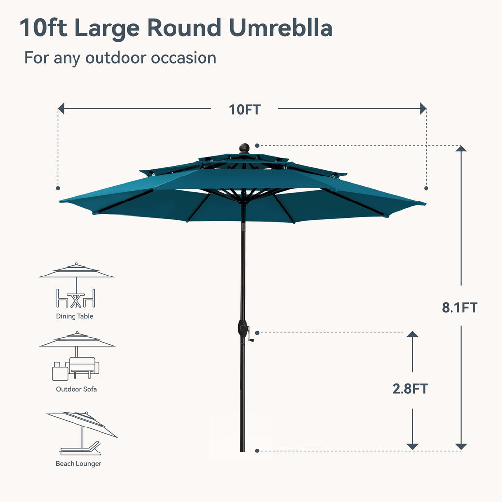 PHI VILLA 10ft Patio Umbrellas, Outdoor 3 Tier Vented Large Market Table Umbrella with 8 Sturdy Ribs and 1.5" Umbrellla Pole for Lawn Poolside Garden Terrace, Beige(No Base)