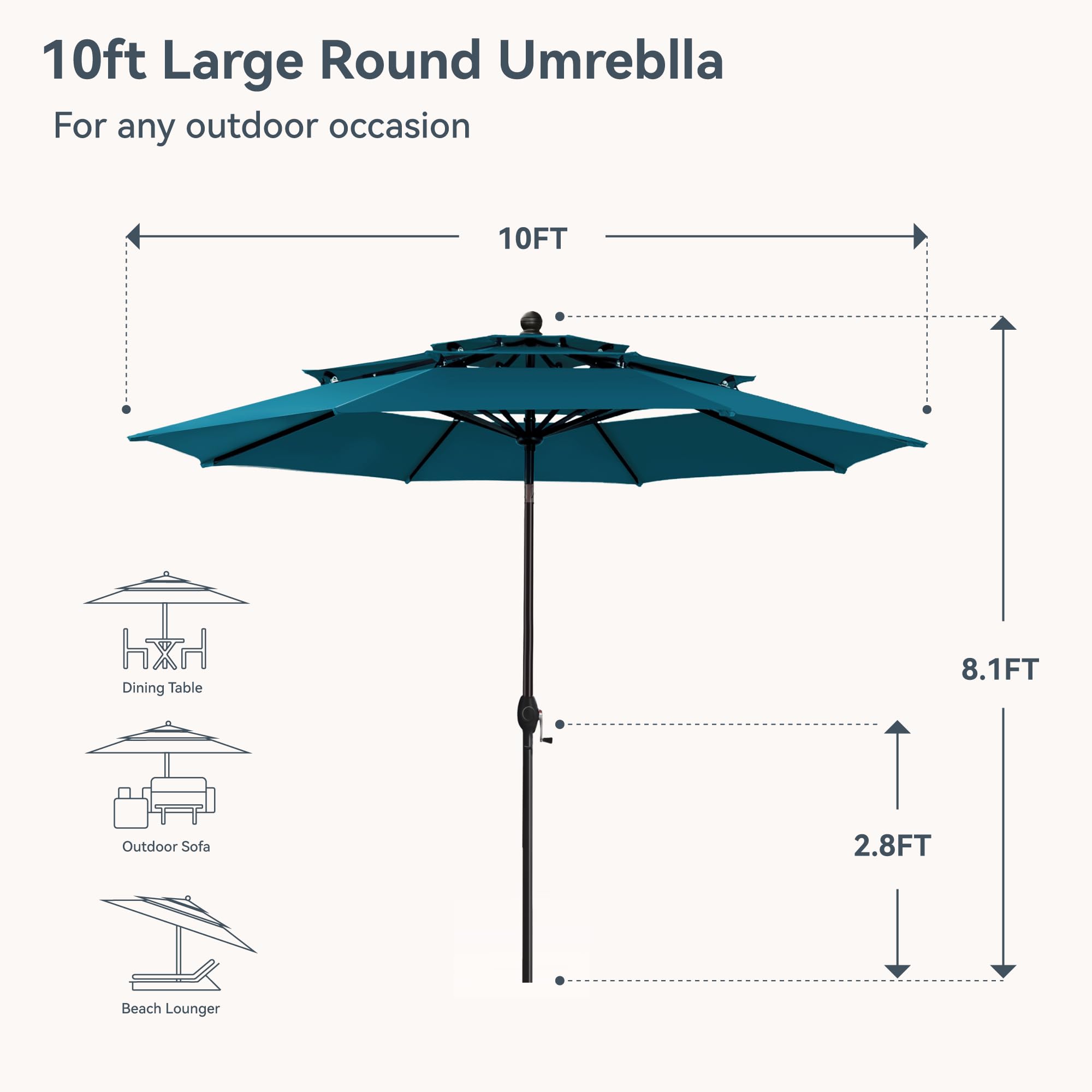 PHI VILLA 10ft Patio Umbrellas, Outdoor 3 Tier Vented Large Market Table Umbrella with 8 Sturdy Ribs and 1.5" Umbrellla Pole for Lawn Poolside Garden Terrace, Beige(No Base)
