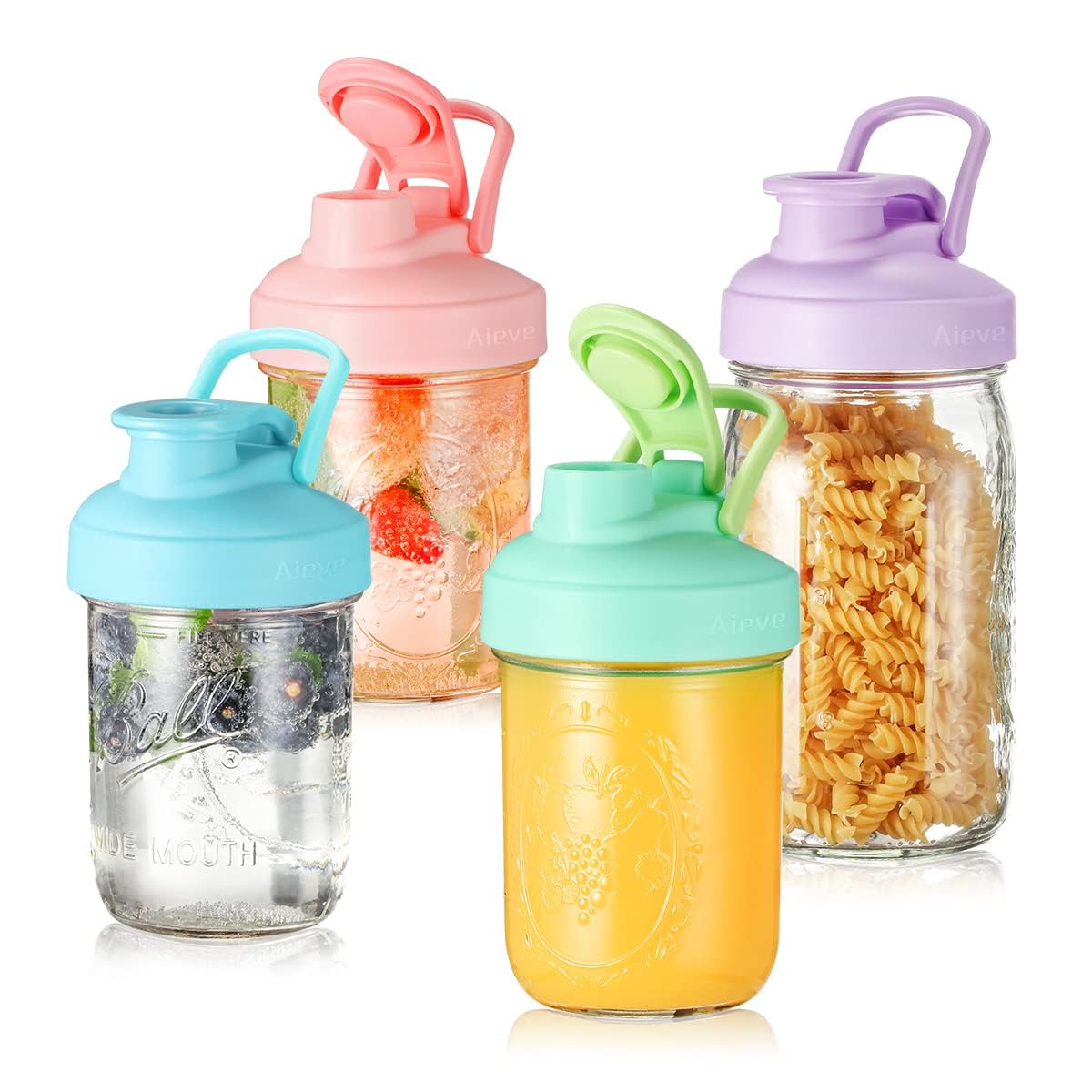 Aieve Stainless Steel Mason Jar Pour Spout Lid, 2 Pack Wide Mouth Mason Jar Pitcher Flip Cap Lids with Handle for Ball Jar Lids (3.38 inch)