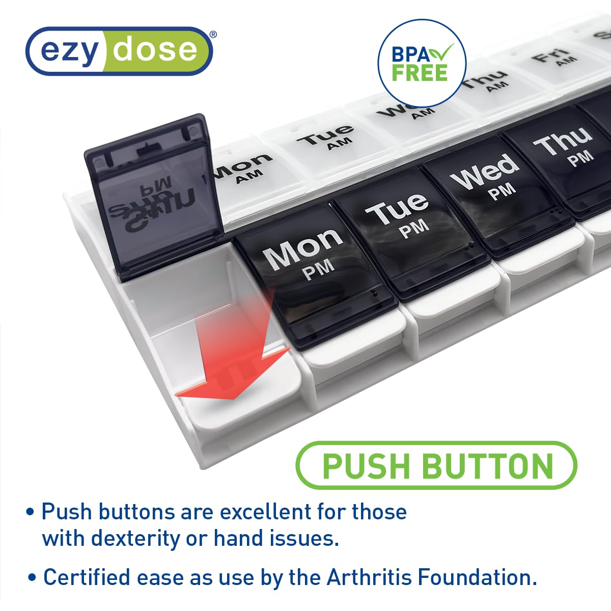 EZY DOSE Push Button (7-Day) Pill Case, Medicine Planner, Vitamin Organizer, 2 Times a Day, AM/PM Container, X-Large Compartments, Arthritis Friendly, Easy to Use, Transparent Lids, Black, BPA Free