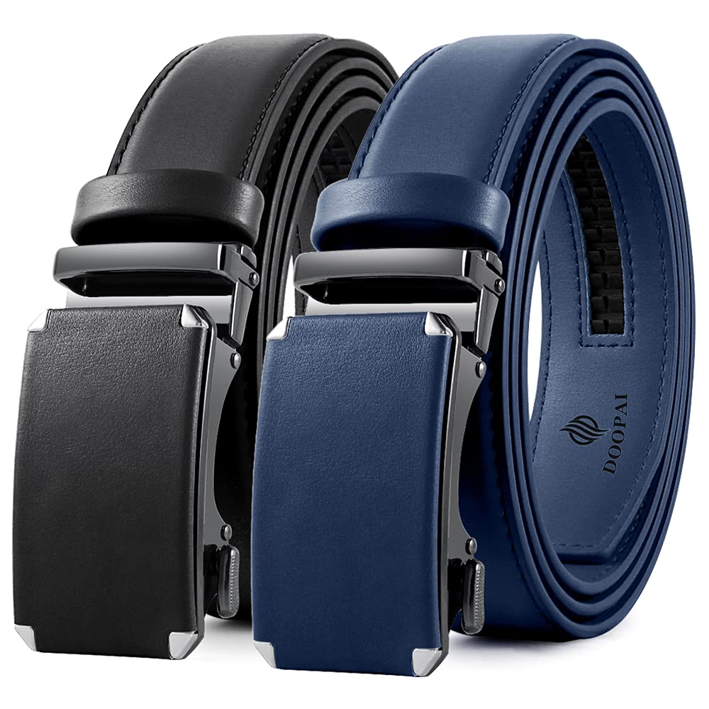DOOPAI Men's 2 Pack Ratchet Dress Belt - Adjustable 1 3/8" Genuine Leather, Size Length Can Be Cut, With Gift Box