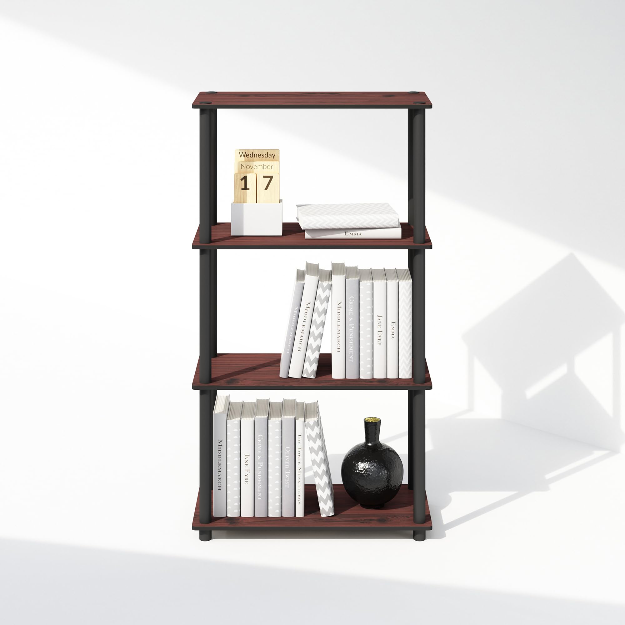 Furinno Turn-N-Tube Book Shelf, 4-Tier Bookshelf, Bookcase with Multipurpose Compact Display Rack, 11.6 x 23.6 x 43.2, for Living Room, Bedroom, Home Office, Americano/Black