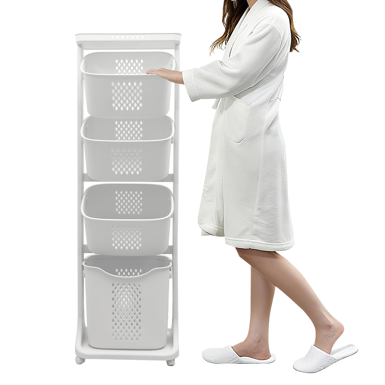 BAOKALER Rolling Laundry Hamper Cart with Wheels, 3 Tier White Laundry Baskets, Clothes Hamper with Portable Storage Baskets for Kitchens, Bathrooms, Bedrooms, Classrooms, Laundry Rooms(75L)