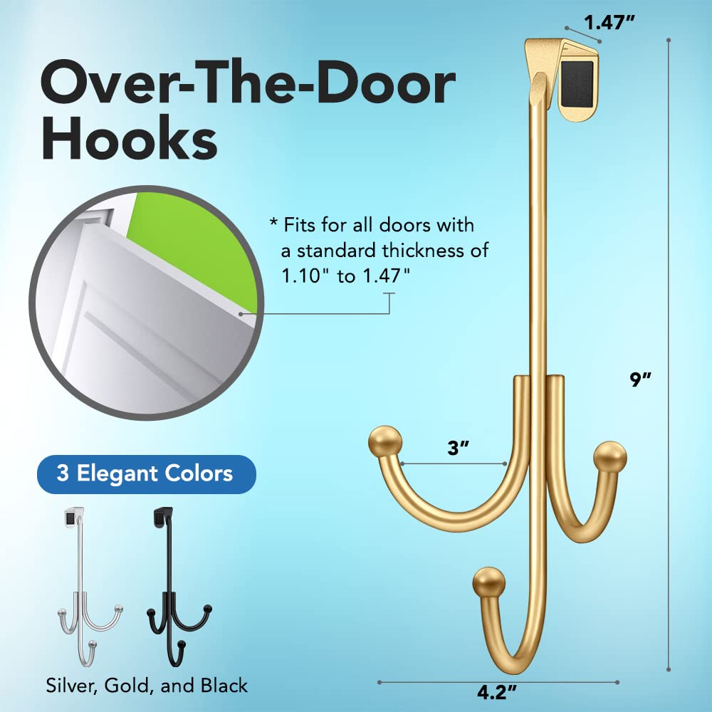 2-Pack Over The Door Hooks - with 2 Hang Heads & Snug Fit Pads Heavy Duty Hook for Hanging Coats, Towels, Caps & Robes - Elegant Matt Finish - No Drill Hanger Organizer - Black