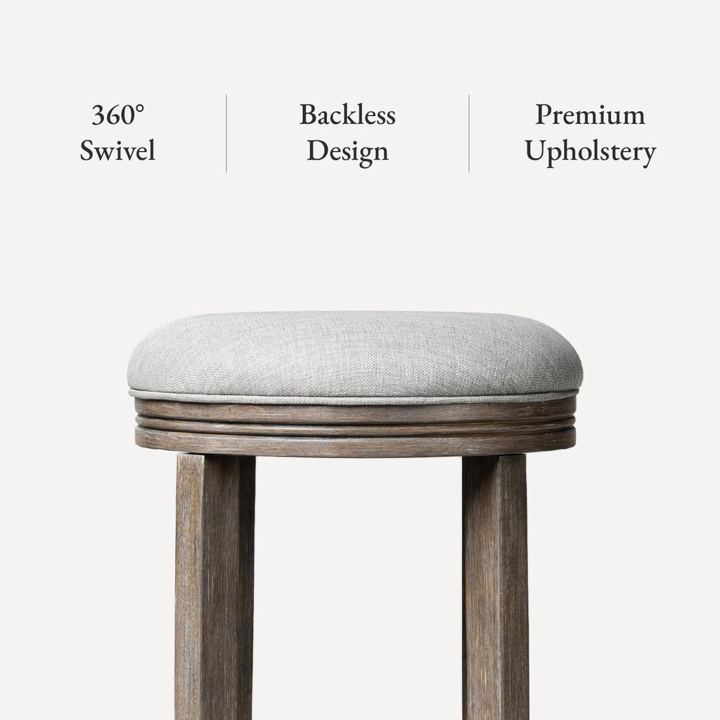 Maven Lane Eva Counter Stool 26 Inches – Round Swivel Stool with Footrest – Grey Solid Wood and Grey Fabric Upholstery – Perfect for Kitchen Islands and Counters