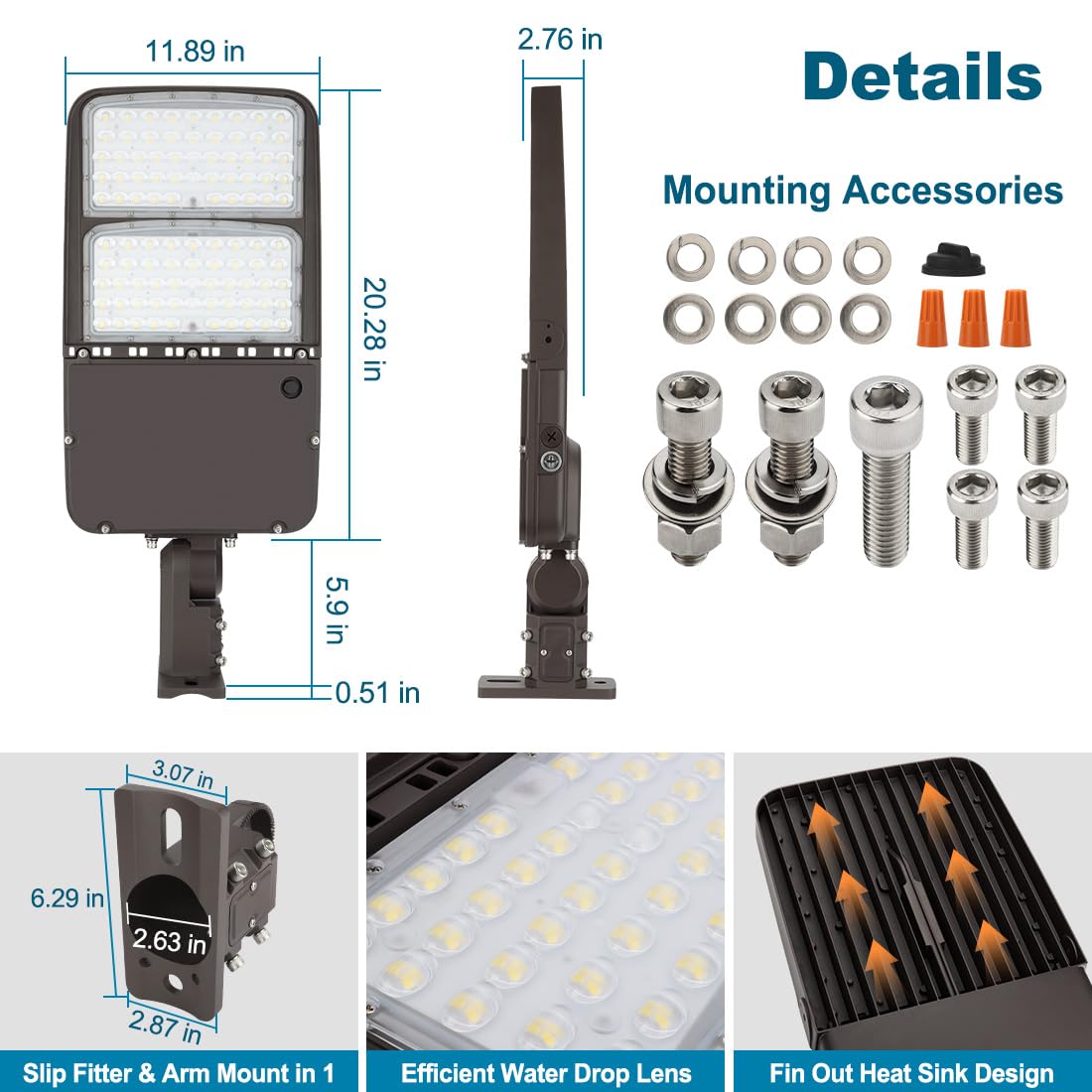 150W LED Parking Lot Light with Photocell, Outdoor Dimmable LED Pole Lights with Slip Fitter & Arm Mount in 1, 22500LM 5000K 100-277V IP65, 150W/100W/80W Power Tunable, ETL