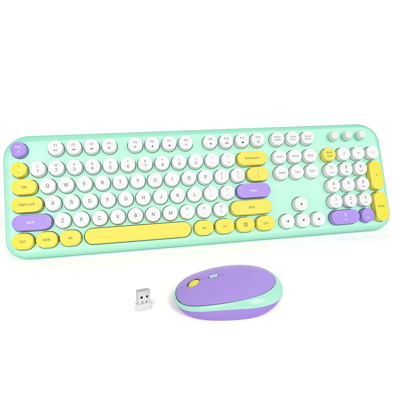 MOFII Wireless Keyboard and Mouse Combo, Compact Typewriter Retro Round Computer Keyboard and Mouse Set, Plug and Play, for Windows, Computer, Desktop, PC, Notebook - Black Green Gradient