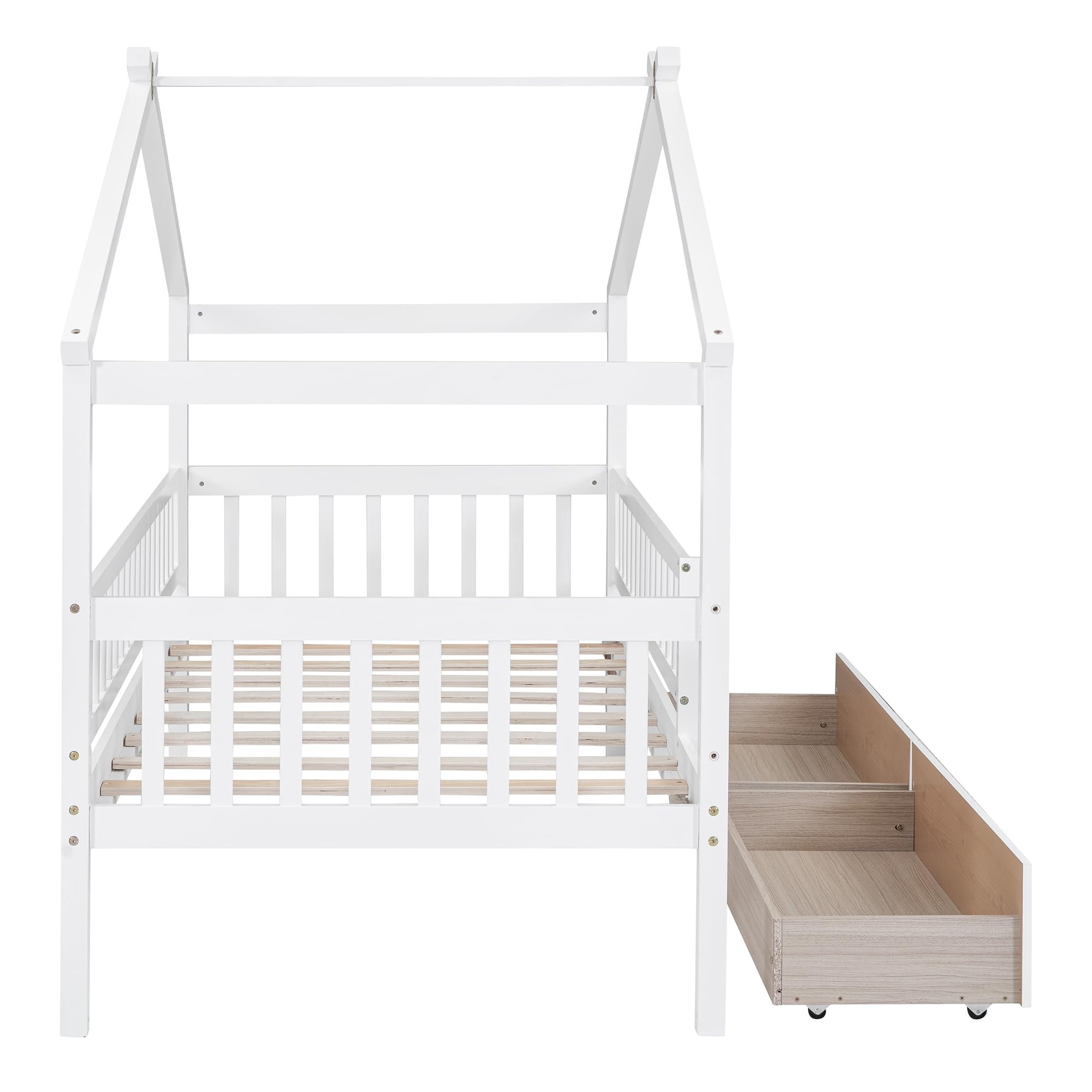 Merax Twin Size Wooden House Bed with Two Drawers, Wood Bed Frame with Roof for Kids, Teens, Boys or Girls, Grey
