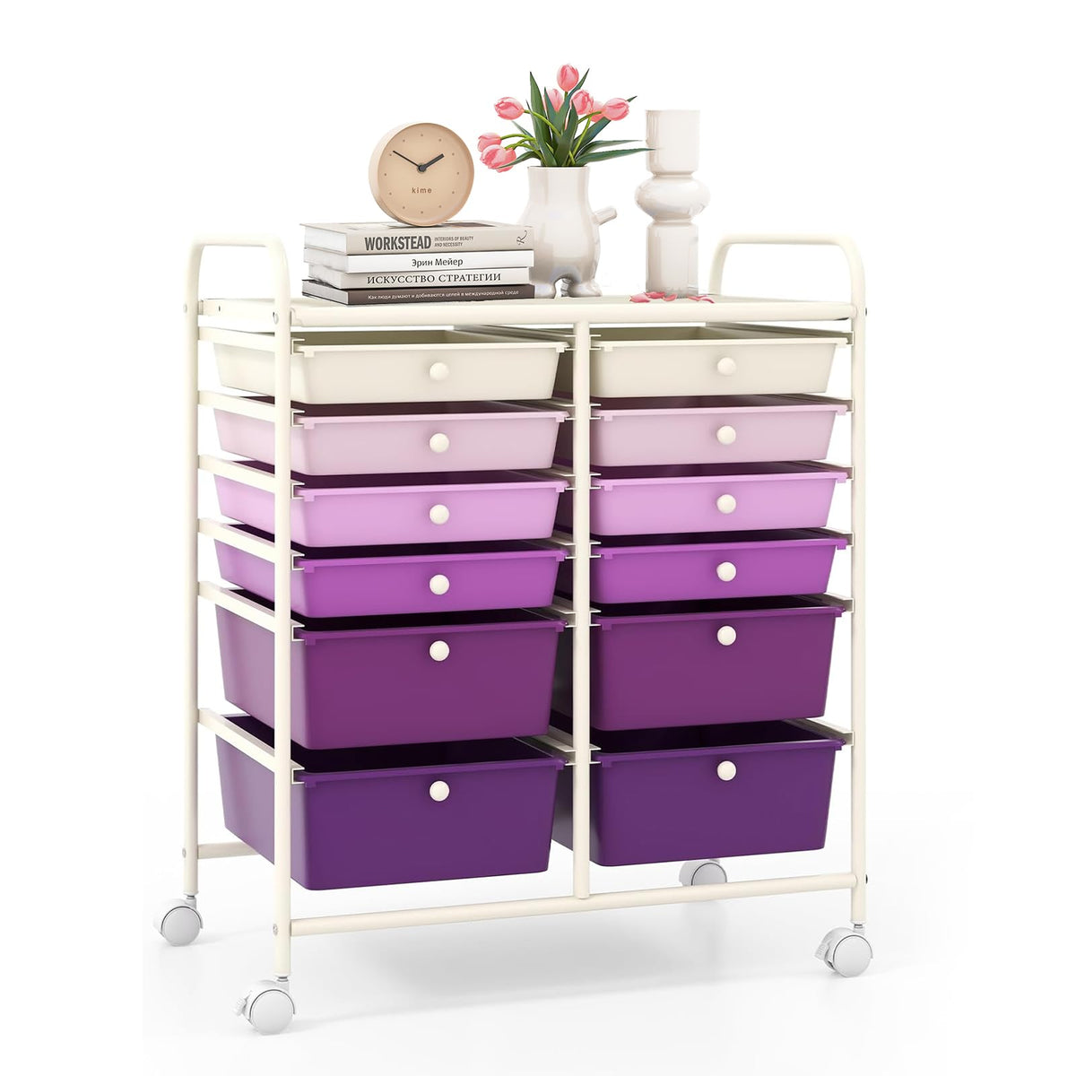 LDAILY 9 Drawer Rolling Storage Cart, Rolling Cart with Drawers for Classroom, Art Supply Craft Organizer on Wheel with Metal Frame & Handles for Home Office School
