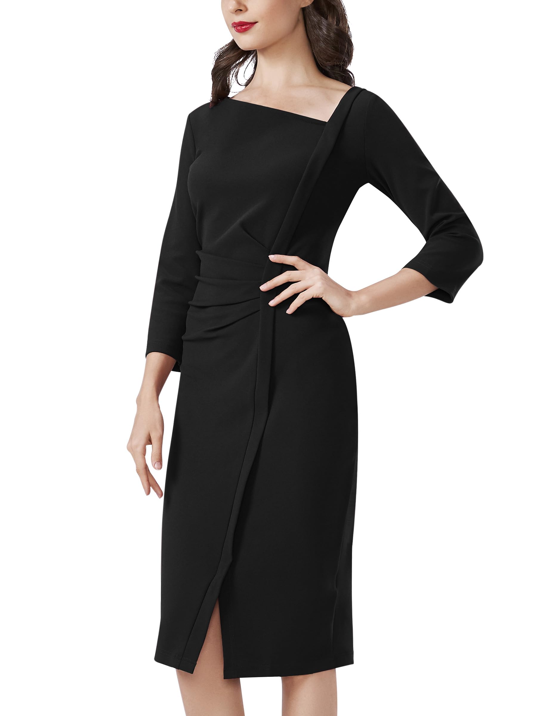 AISIZE Women's Retro 3/4 Sleeve Ruched Elegant Business Pencil Sheath Dress
