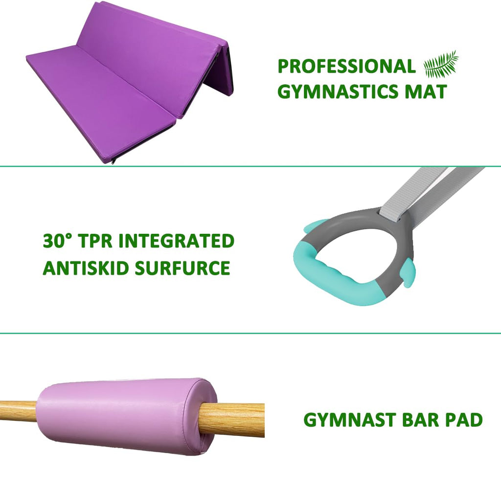 Foldable & Moveable Gymnastics Horizontal Bar with Rings,3’to 5’Adjustable Height Expandable Junior Kip Bar for Home,Indoor Gym Equipment for Kids