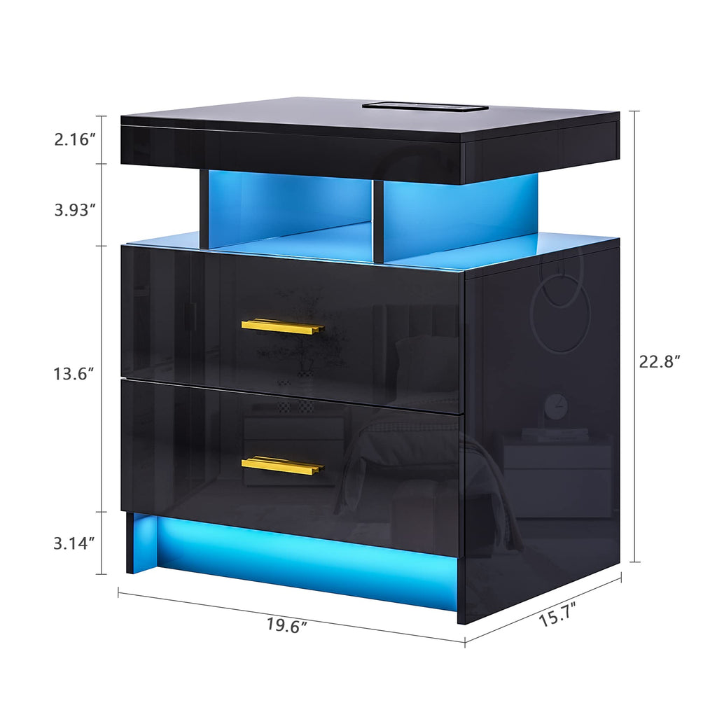 HNEBC LED Nightstand with Charging Station,Smart Bedside Table with Motion Sensor Lights,3 Drawers,Tempered Glass Top,High Gloss End Table with 3 Color Lights for Bedroom, Living Room,Office-Black