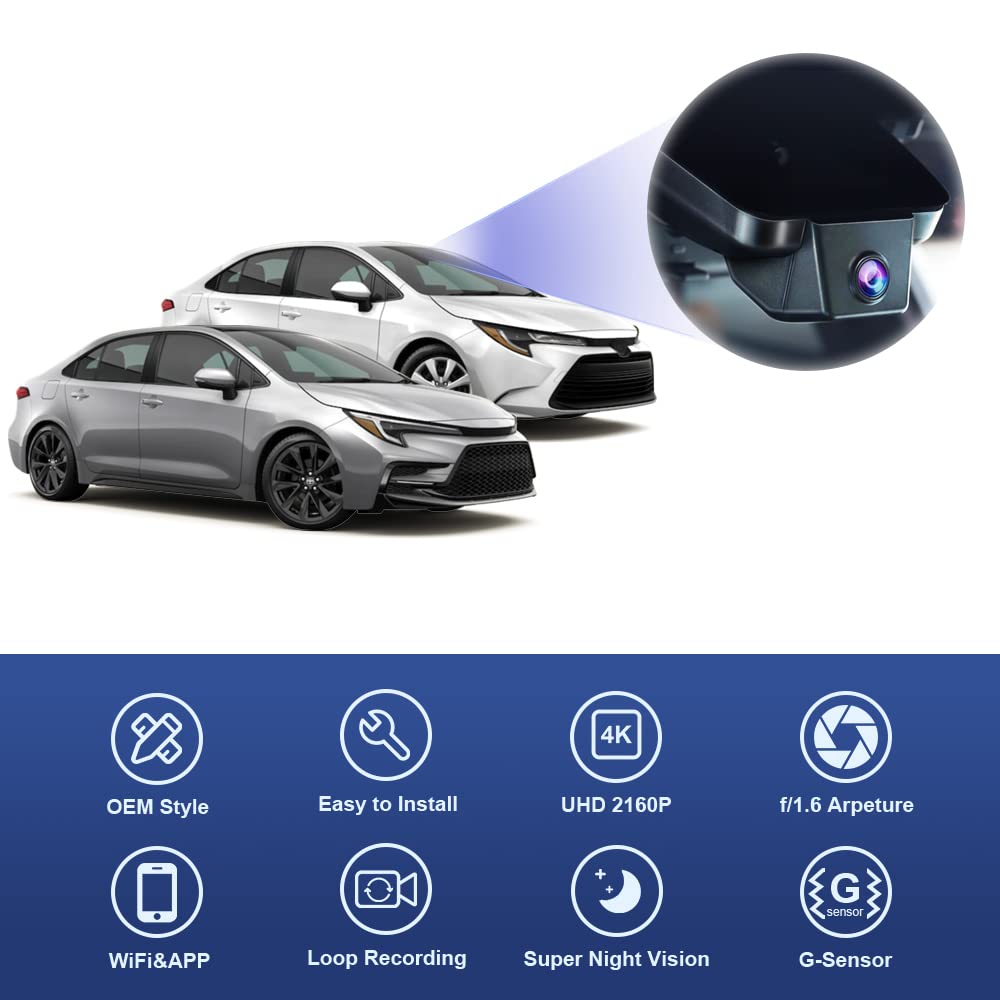 Fitcamx Front 2K+Rear 1080P Dash Cam Adapts for Toyota Corolla 2023-2026 Sedan Hybrid Hatchback, OEM Style, Dual HD Video, Built-in WiFi & APP, Loop Recording, G-Sensor, Easy to Set, 64GB Card