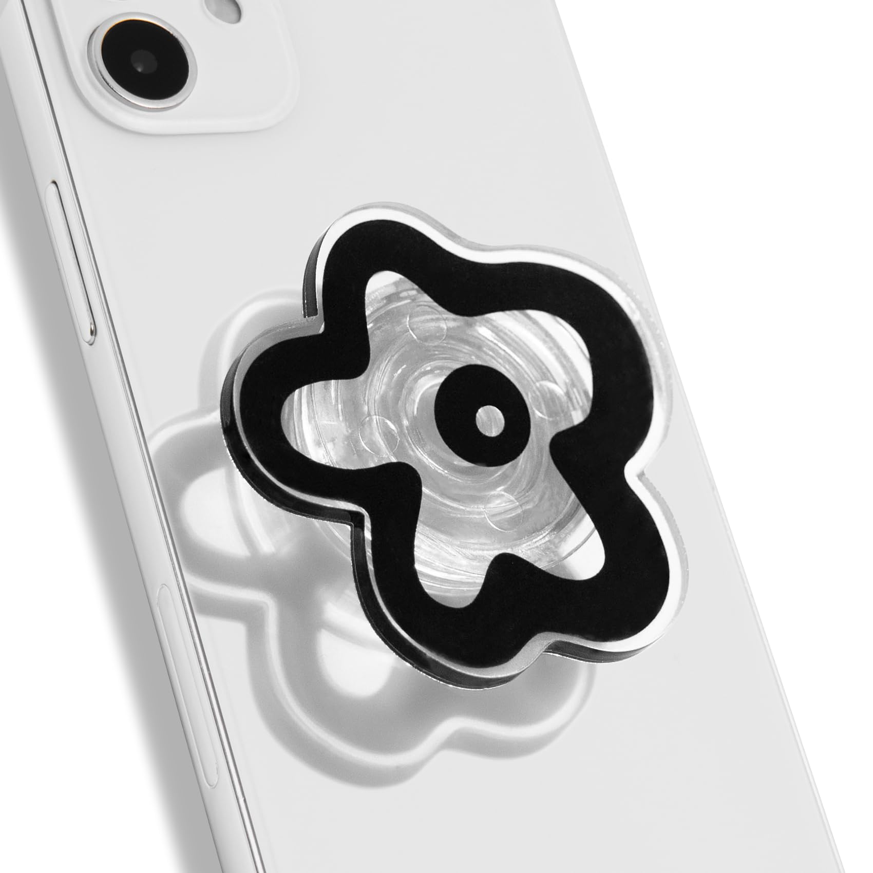 OnTheGrip Cute Transparent Daisy Flower Shape Design Mobile Phone Grip Multi Functional Collapsible Stand Holder for Smartphone Tablet Cell Phone Accessory (Black)