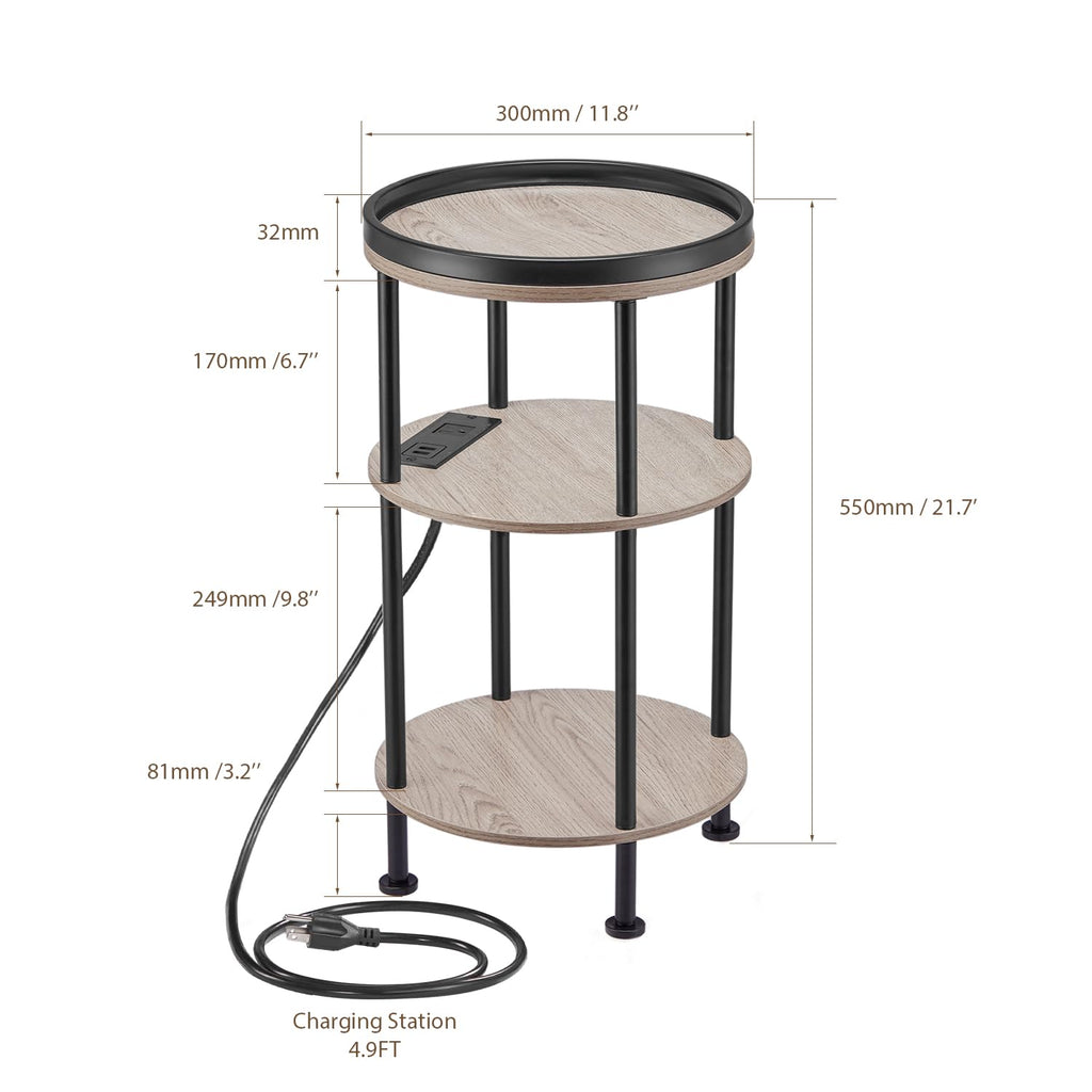 Small Round Side Table with Charging Station for Small Spaces, 3-Tier Accent Table with USB Ports & Power Outlets, Sofa Corner Tea Table for Living Room Nightstand Bedroom Apartment (Black)