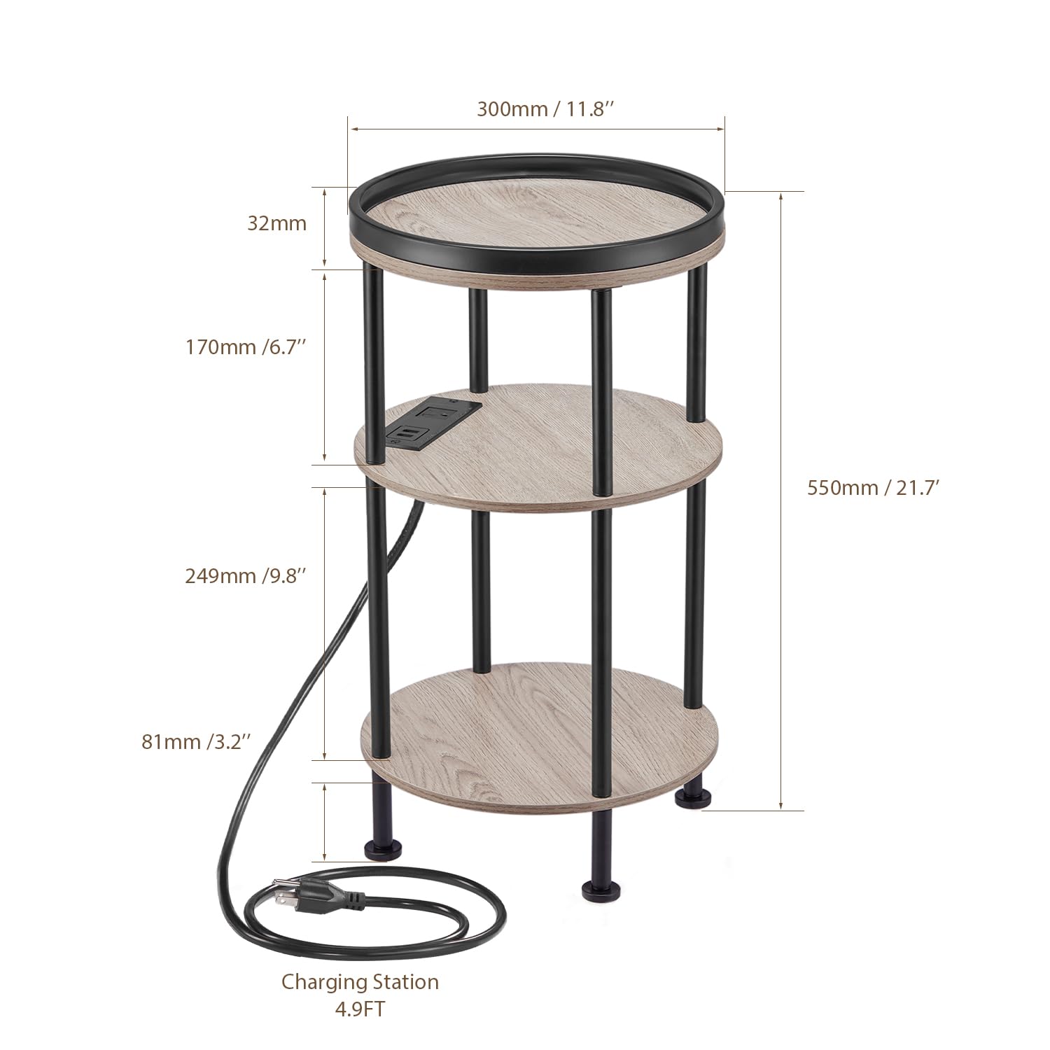 Small Round Side Table with Charging Station for Small Spaces, 3-Tier Accent Table with USB Ports & Power Outlets, Sofa Corner Tea Table for Living Room Nightstand Bedroom Apartment (Black)