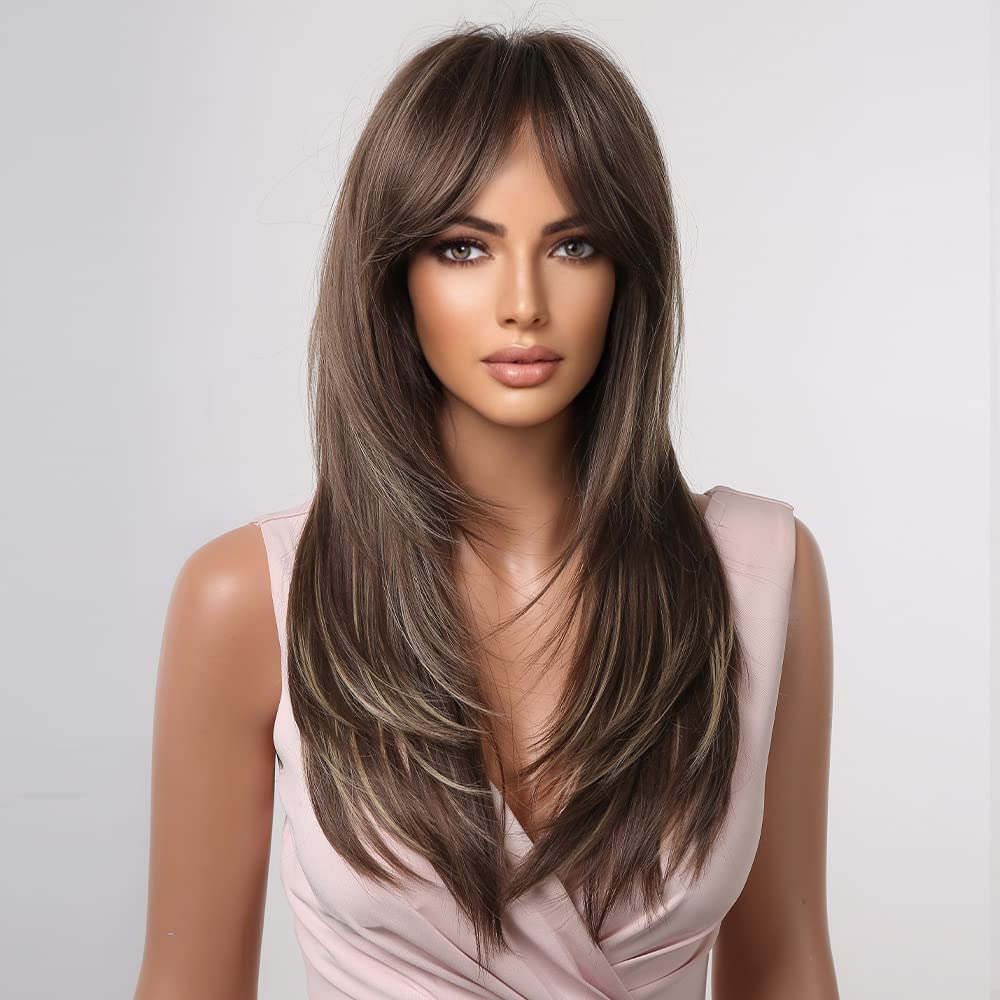 HAIRCUBE Auburn Wigs for Women,Long Layered Orange Wigs with Bangs Heat Resistant Synthetic Fibre Wigs(pelucas de cabello natural)