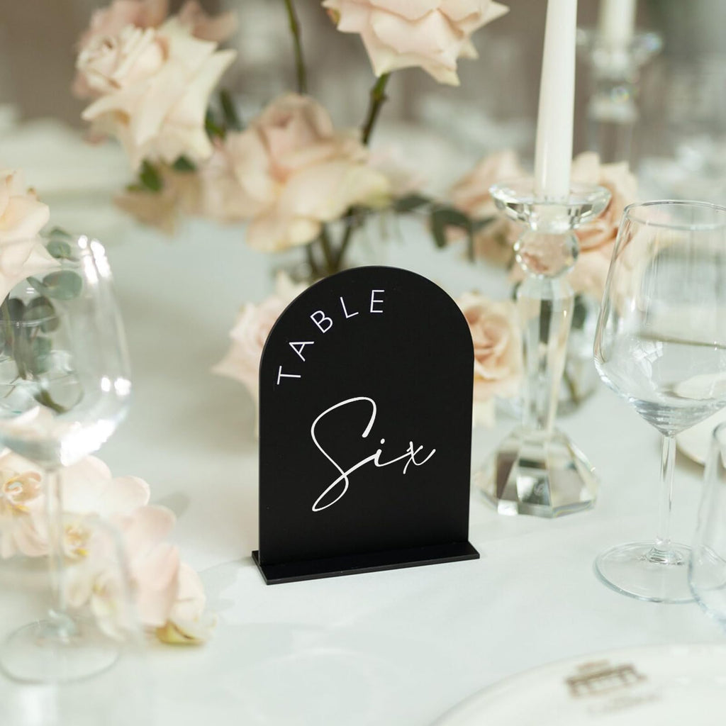 Black Arched Wedding Table Numbers 1-10 with Stands, 5x7 Inch Black Arch Acrylic Sign with Gold Letters, Acrylic Table Numbers for Wedding Reception