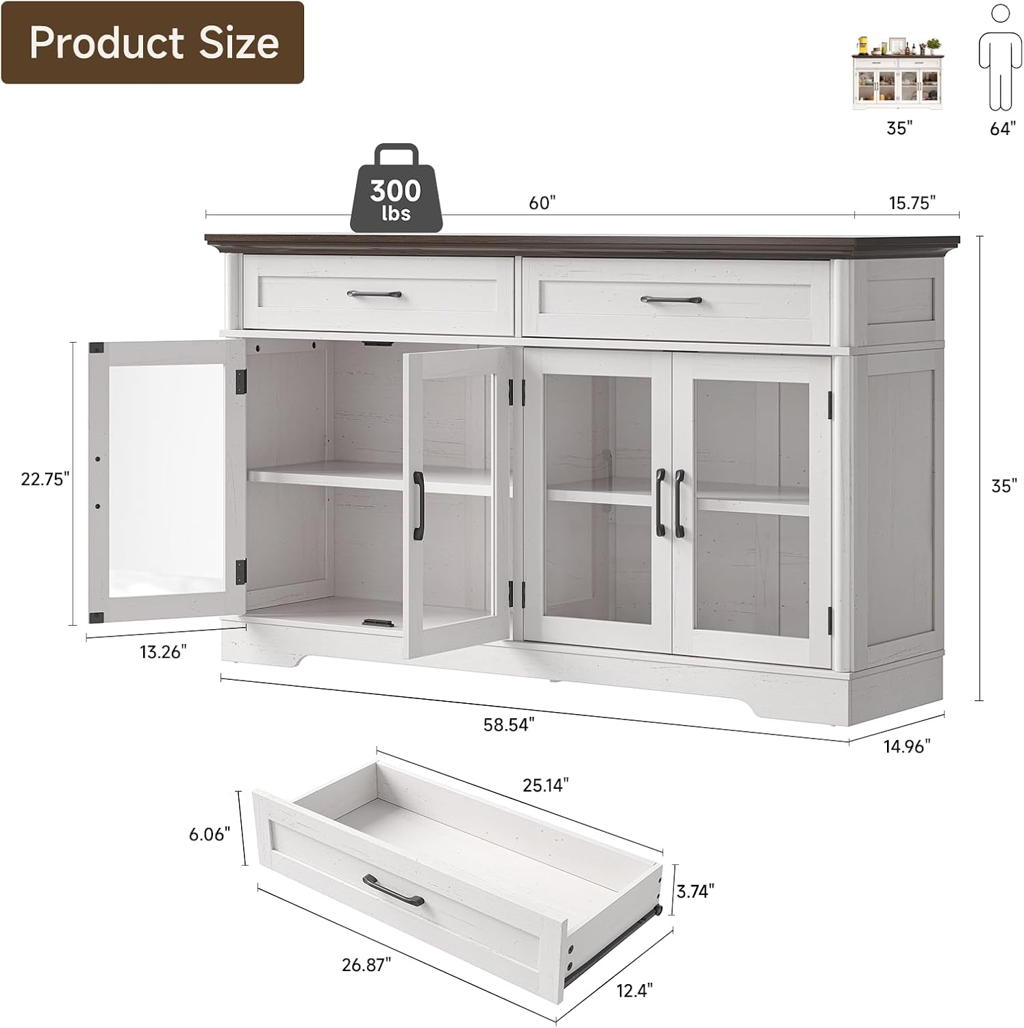 ONBRILL Buffet Cabinet with Storage, 60" Sideboard Cabinet with 4 Glass Doors and 2 Drawers, Modern Storage Console with Adjustable Shelves for Kitchen, Living Room, Off White