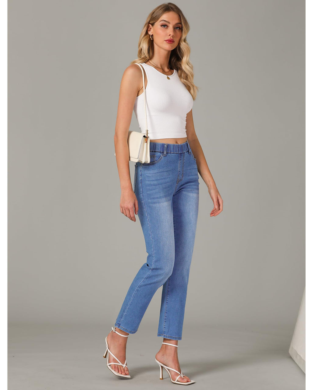 GRAPENT Straight Leg Jeans for Women Trendy Pull On High Waisted Cropped Elastic Waist Stretchy Denim Pants Ankle Jeans