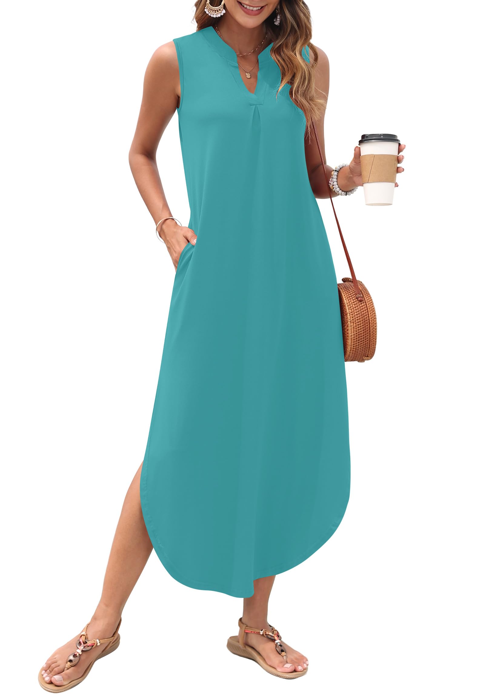 AUSELILY Womens Summer Casual Maxi Dresses 2026 Sleeveless Long Beach Dresses V Neck Loose Sundresses with Side Split Pockets