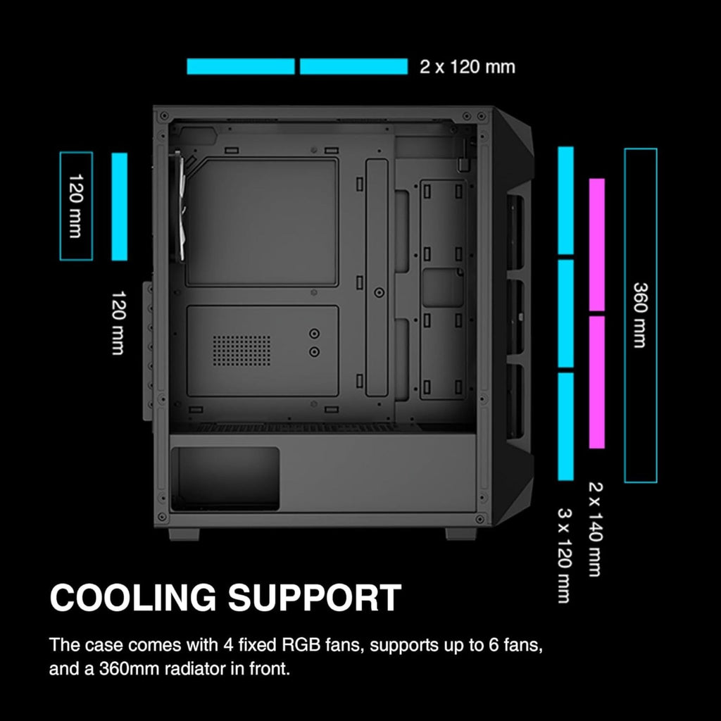 GAMDIAS ATX Mid Tower Gaming Computer PC Case Tempered Glass, Built-in 4X 120mm ARGB Case Fans, Front Airflow Mesh, Up to 6x120mm Fans, 340mm GPU/VGA, 360mm AIO/Radiator, 160mm CPU Cooler