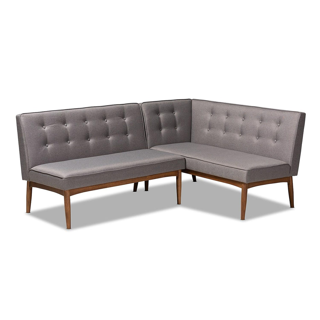 Baxton Studio Arvid Mid-Century Modern Dark Brown Faux Leather Upholstered 2-Piece Wood Dining Corner Sofa Bench