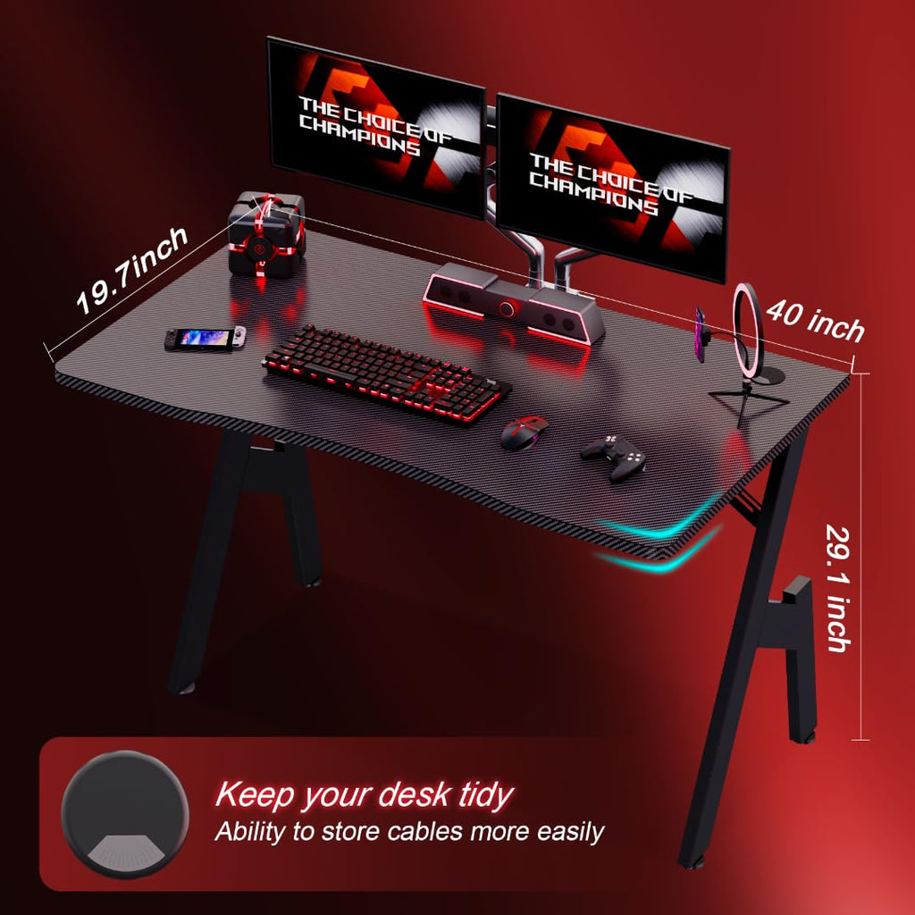 HLDIRECT 40 Inch Gaming Desk, Small Computer Gaming Desk Table with Cable Management, Ergonomic A Shape Modern Carbon Fiber Gamer Table Pc Workstation Home Office Desks for Small Space, Black