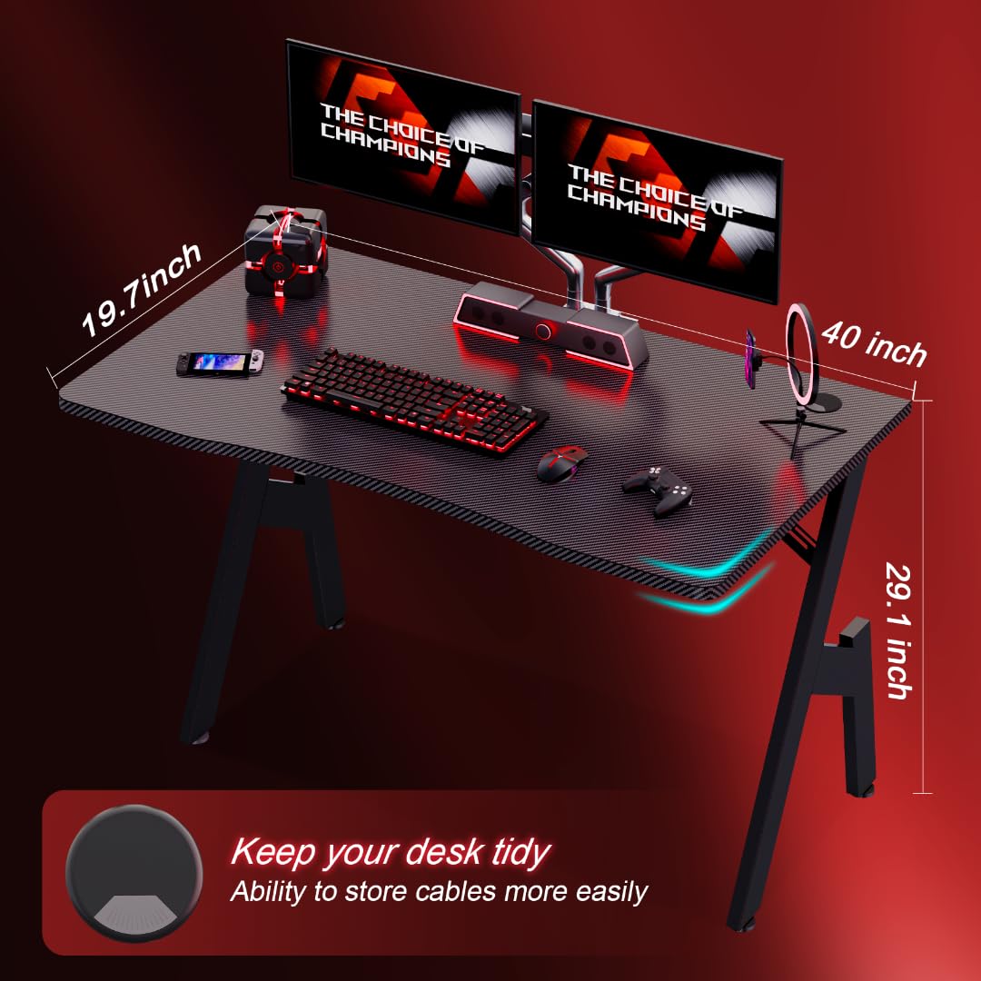 HLDIRECT 40 Inch Gaming Desk, Small Computer Gaming Desk Table with Cable Management, Ergonomic A Shape Modern Carbon Fiber Gamer Table Pc Workstation Home Office Desks for Small Space, Black