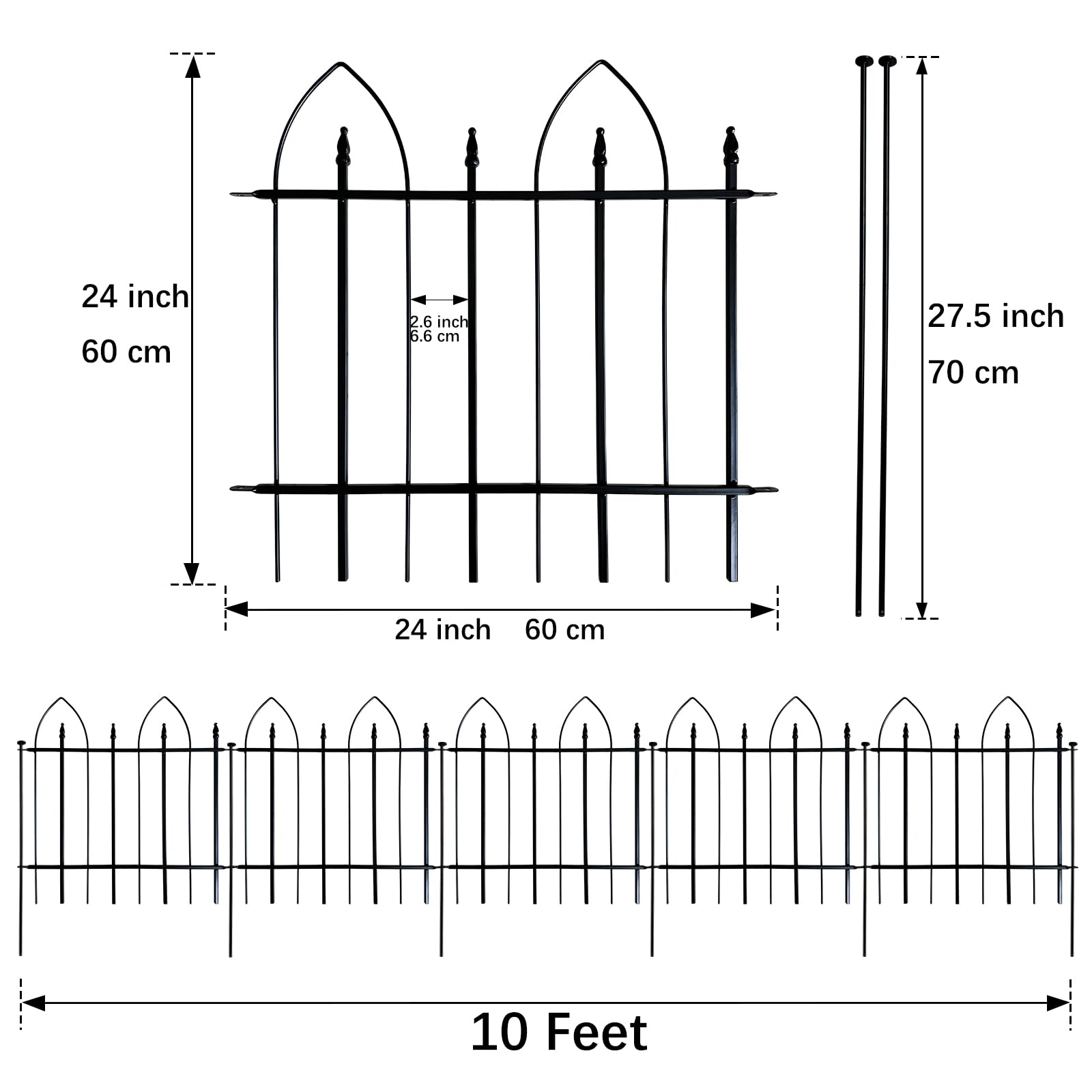 Thealyn Garden Fence 24" H x 24" W (5 Panels, Total 10 ft), Metal Fence Decorative Border Fence, Rustproof Landscape Fencing for Dog, Flower Bed, Yard, Patio, Animal Barrier