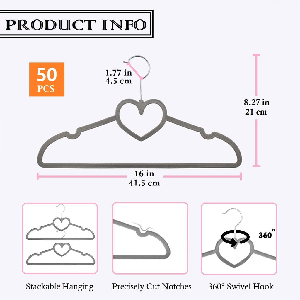 Velvet Hangers 20 Pack,16 Inch Non Slip Adult Heart Hanger (Black) | 360° Swivel Hooks, Cascade Design, Space Saving