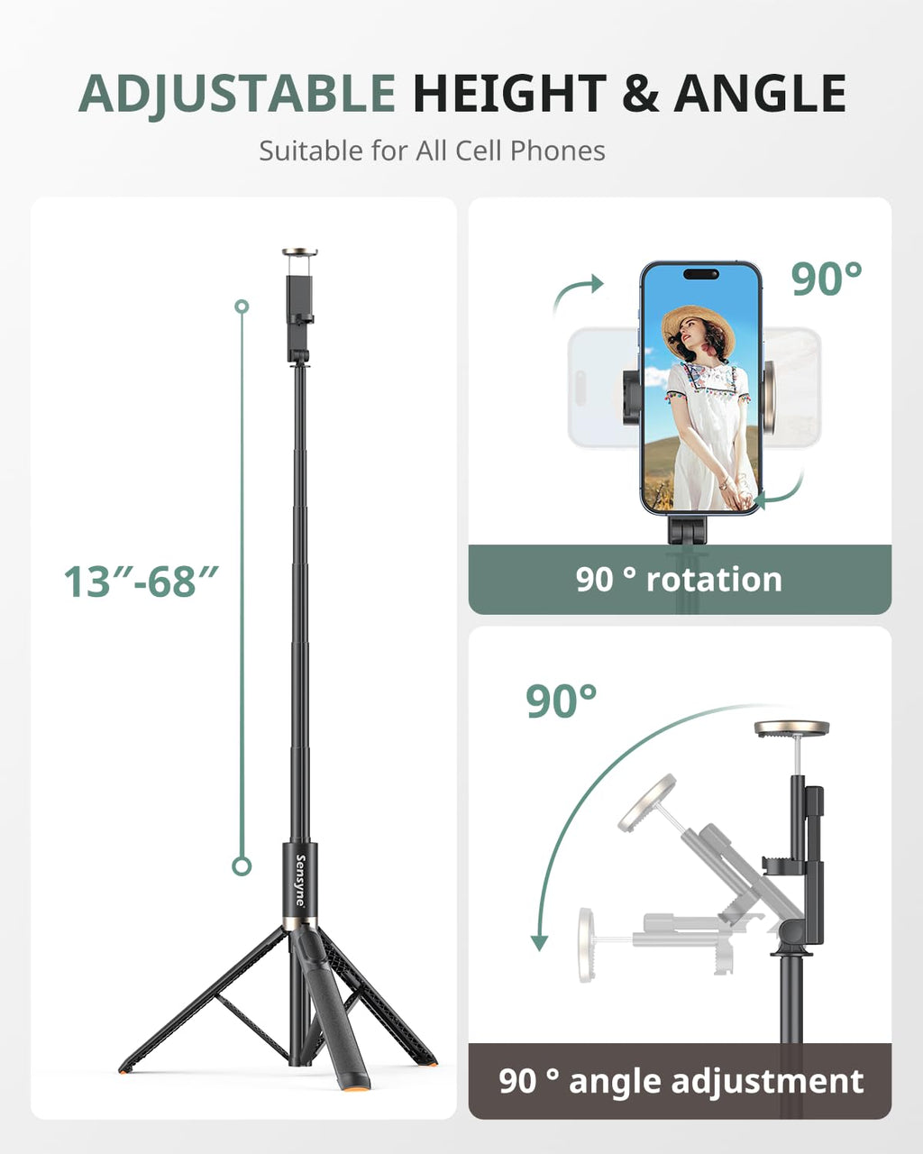 Sensyne 60" Phone Tripod - Selfie Stick, Lightweight All in One Phone Tripod Integrated with Wireless Remote Compatible with All Cell Phones for Selfie/Video Recording/Photo/Live Stream/Vlog（Black）