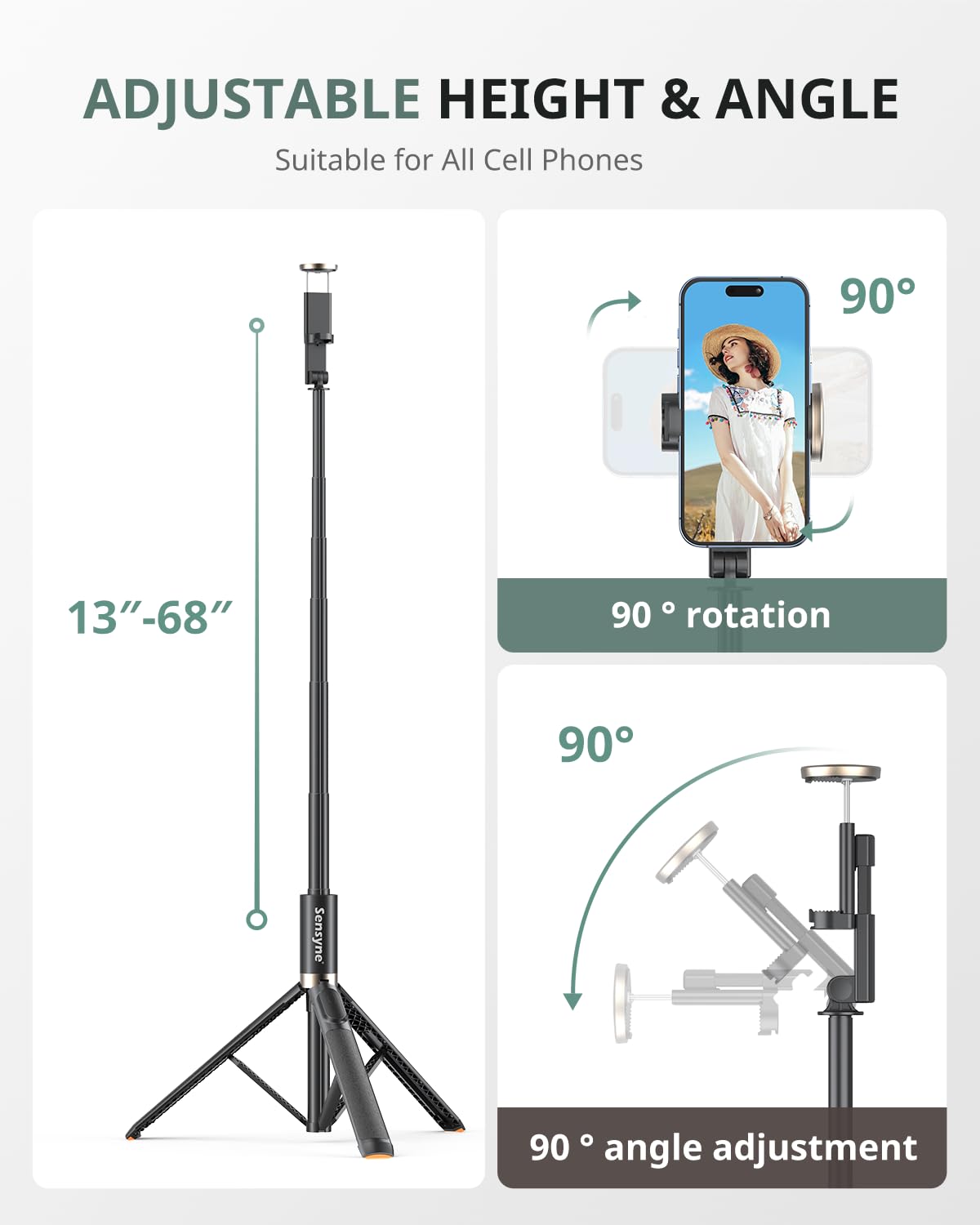 Sensyne 60" Phone Tripod - Selfie Stick, Lightweight All in One Phone Tripod Integrated with Wireless Remote Compatible with All Cell Phones for Selfie/Video Recording/Photo/Live Stream/Vlog（Black）